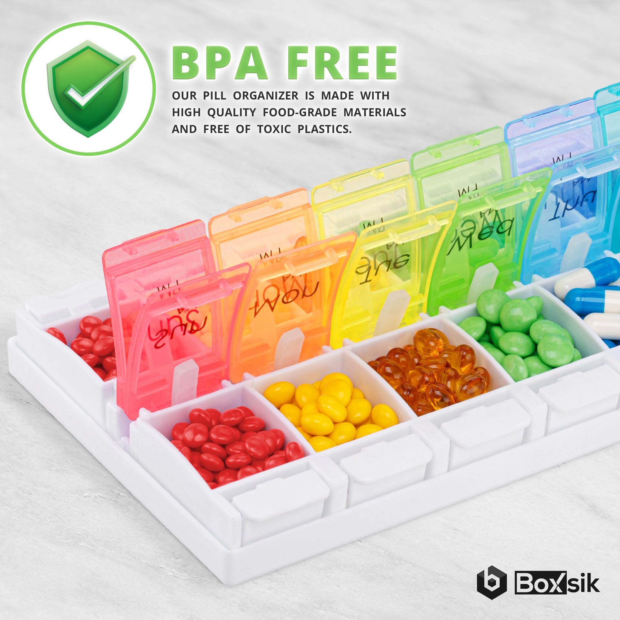 Boxsik Pill Box Organizer (Rainbow), 7-Day 2 Times a Day Medicine Storage Case w/Spring Opening & Detachable Compartments, Weekl