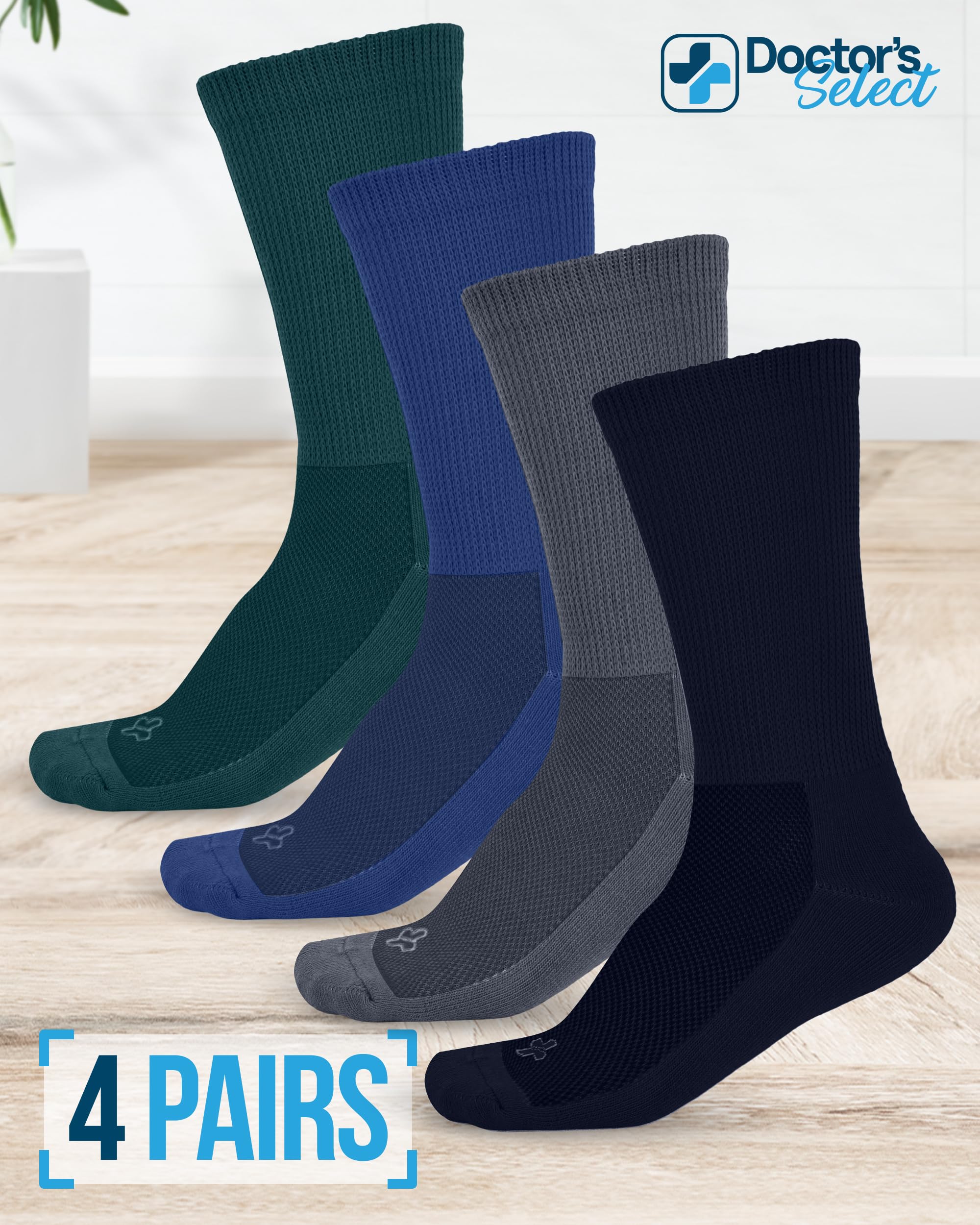 Doctor's Select Diabetic Socks for Men - 4 Pairs Crew Diabetic Neuropathy Socks for Men | Navy, Green, Blue, Gray | Non Binding