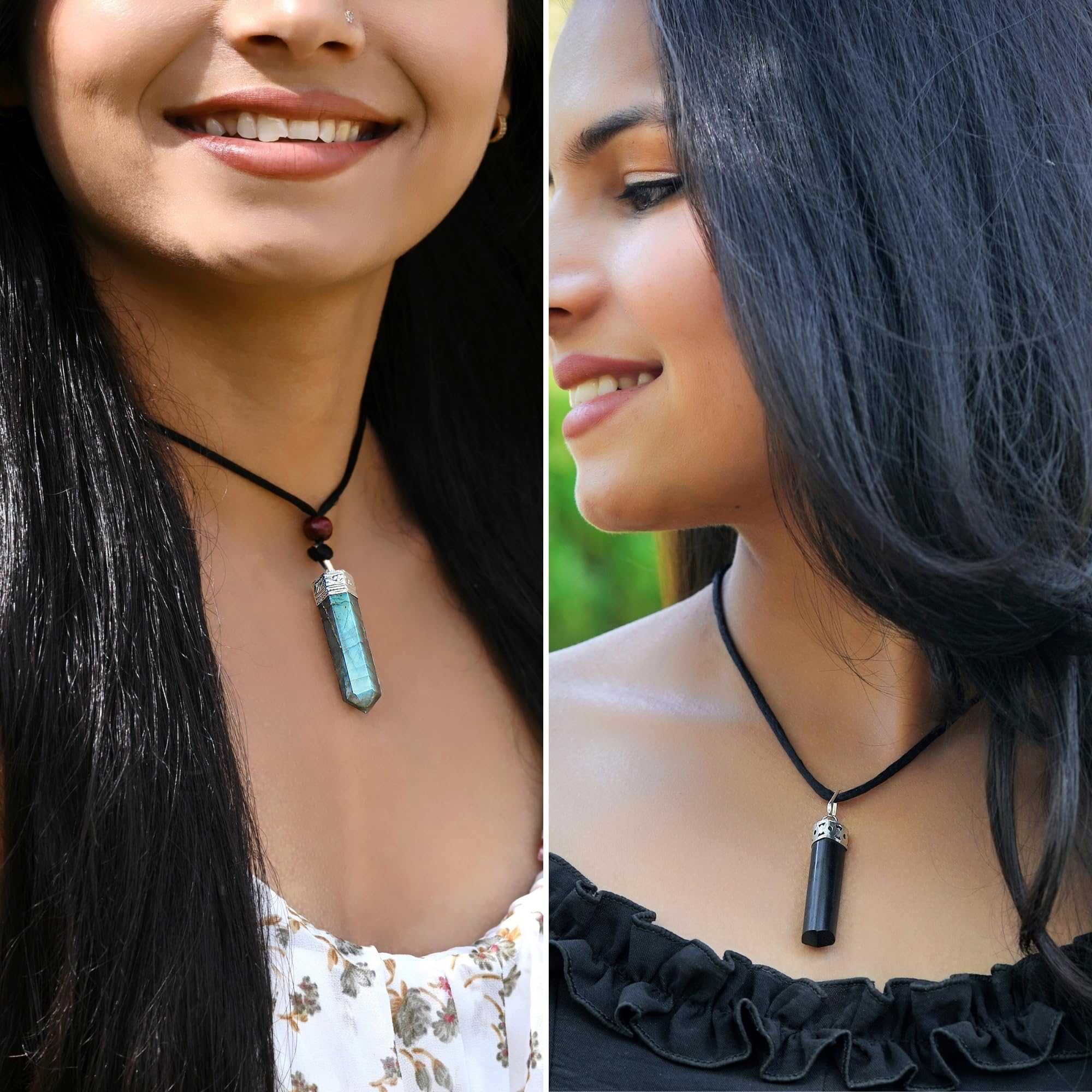 Sugandha Wellness Labradorite & Black Tourmaline Healing Crystal Necklace - Powerful Protection Pendant for Positivity. Spiritua