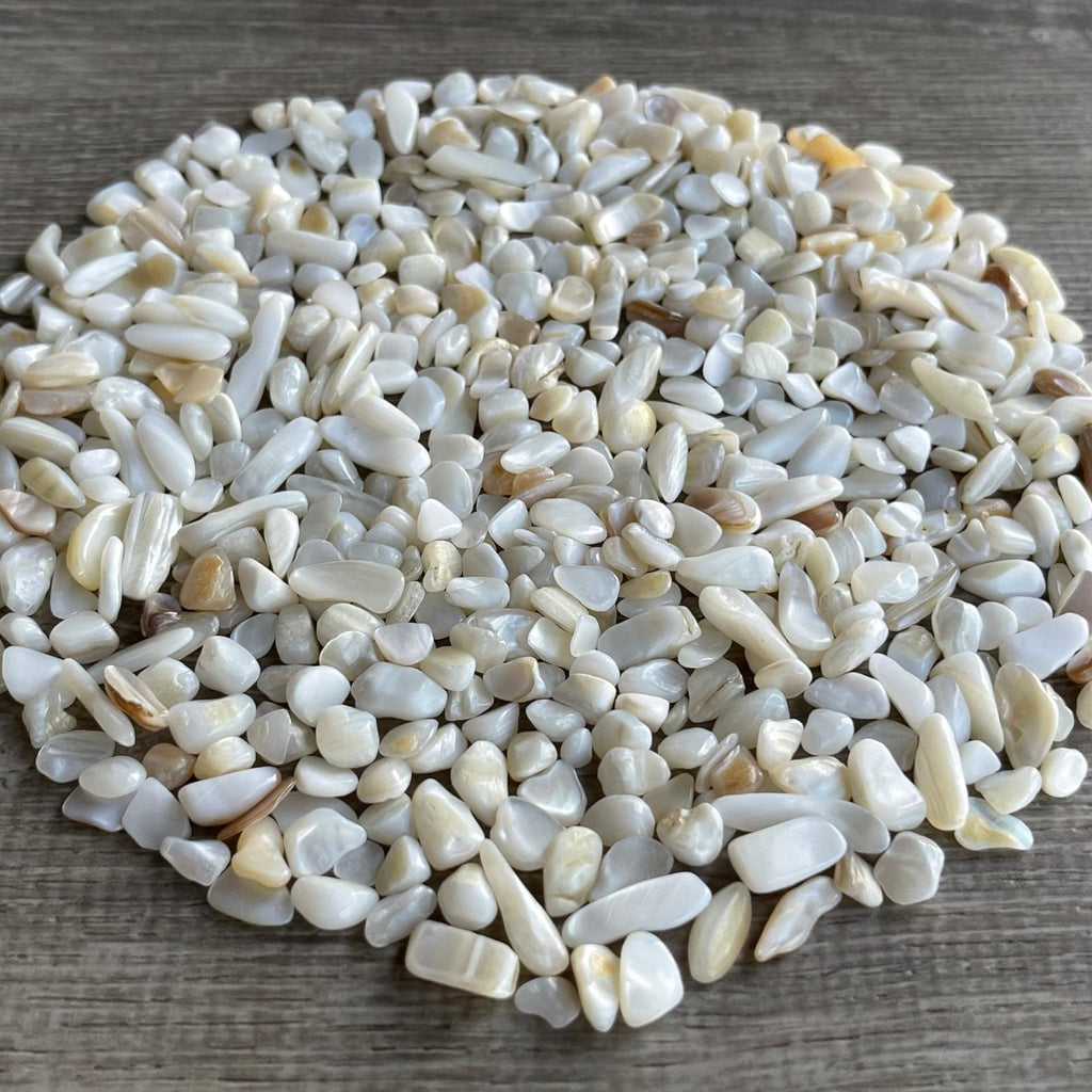 GAF TREASURES 2 oz Lot Natural Semi Tumbled Gemstone Chips, Crushed Mini Crystals, Undrilled Crystal Chips (Mother of Pearl)