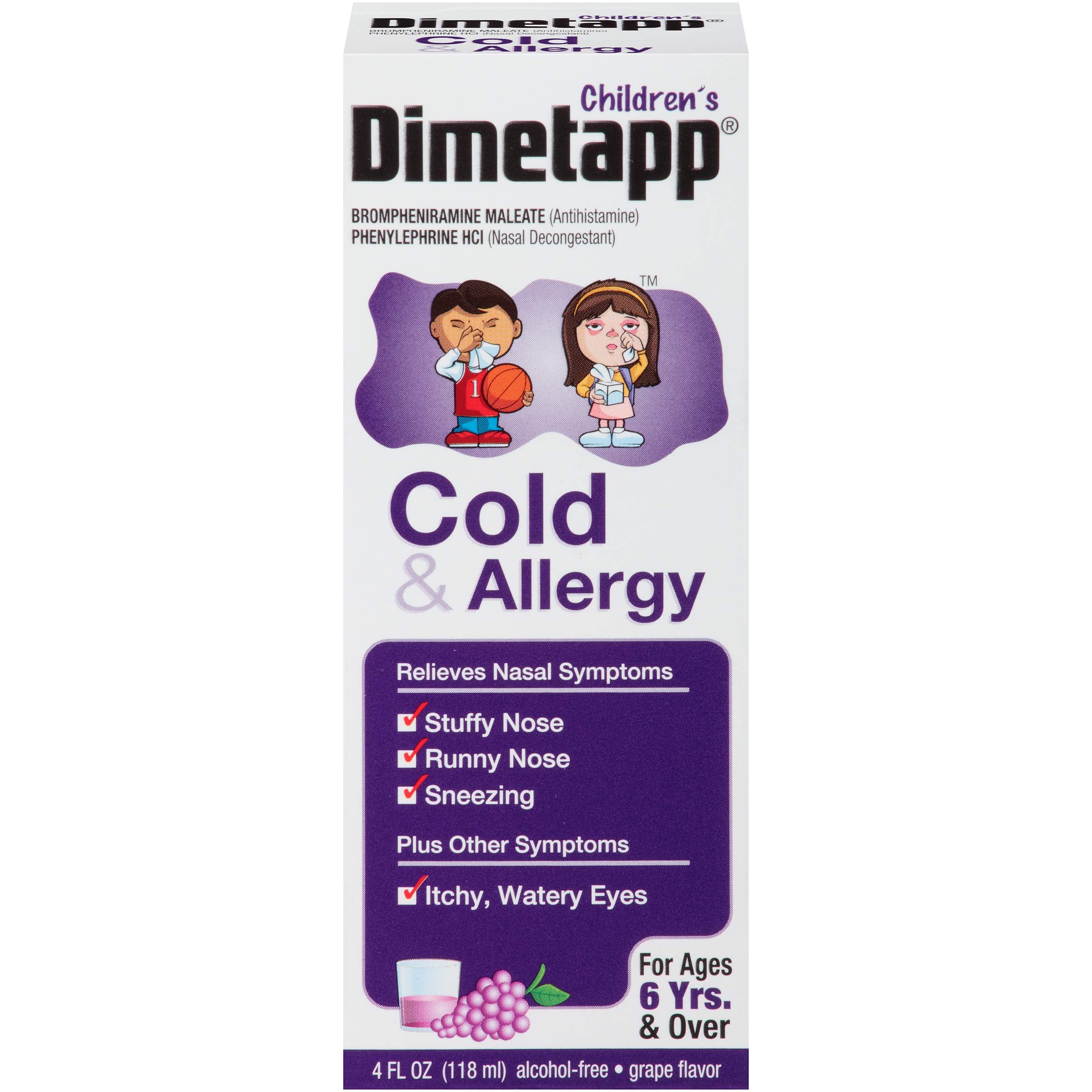 Dimetapp Childrens Cold & Allergy Antihistamine & Decongestant, Grape Flavor, Purple, 24 Fl Oz, Pack of 6