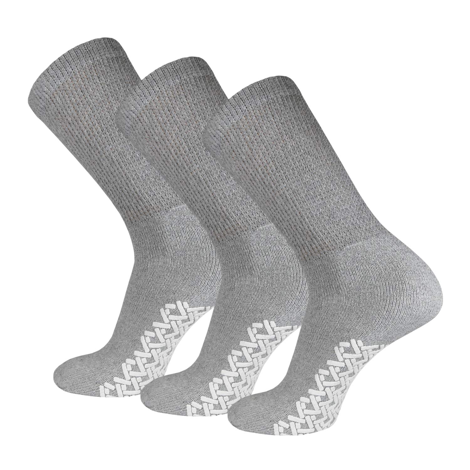 3 Pairs of Non-Skid Diabetic Crew Socks, Non Binding Top Therapeutic Cotton Gripper Socks (Grey, Size: 10-13)