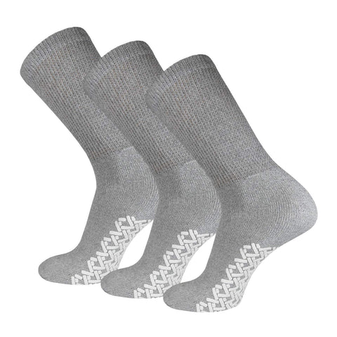 3 Pairs of Non-Skid Diabetic Crew Socks, Non Binding Top Therapeutic Cotton Gripper Socks (Grey, Size: 10-13)