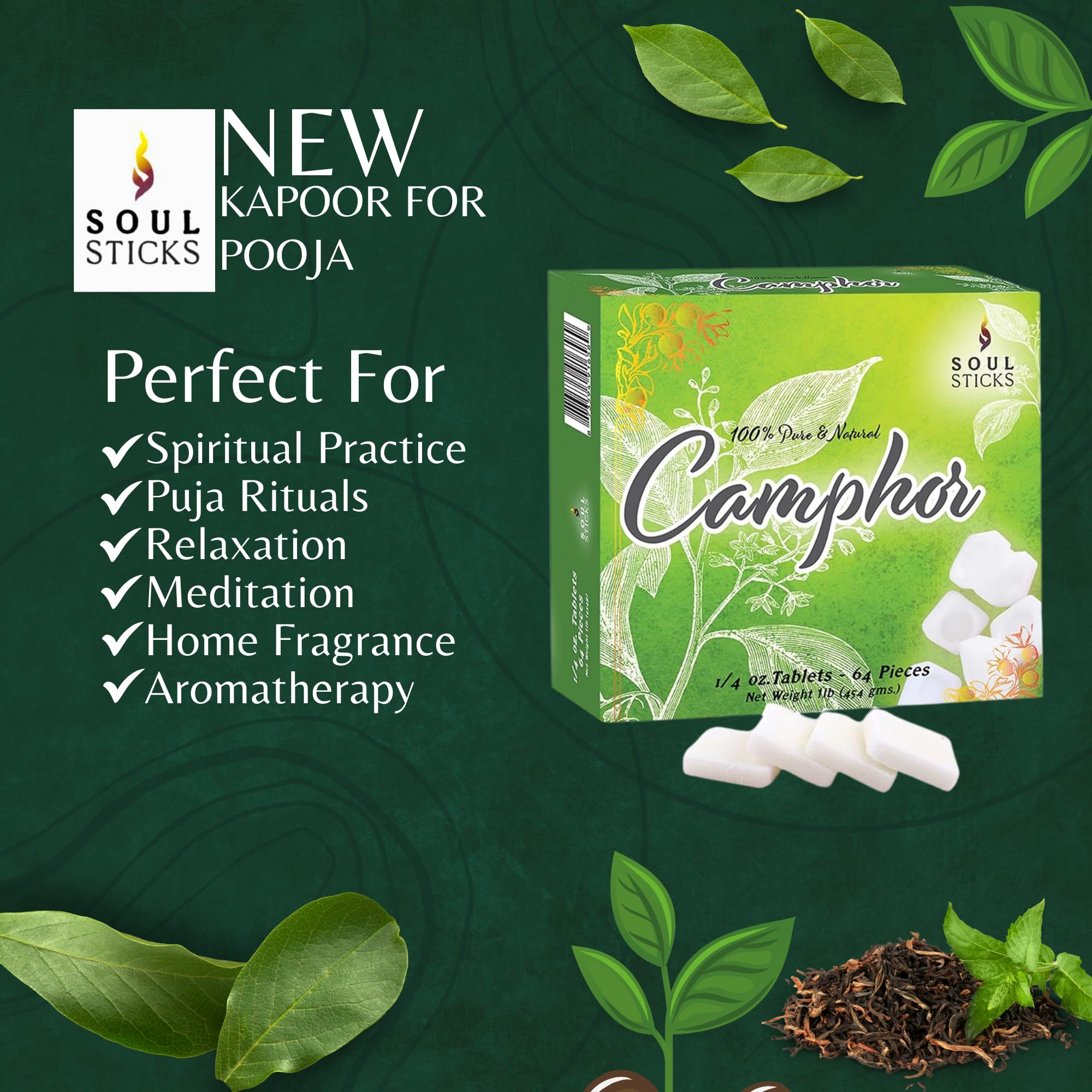 SOUL STICKS Natural Camphor Blocks - Camphor Tablets (450 Gram, 64 Tablets) for Aromatherapy, Odor Elimination, Puja - Alcanfor