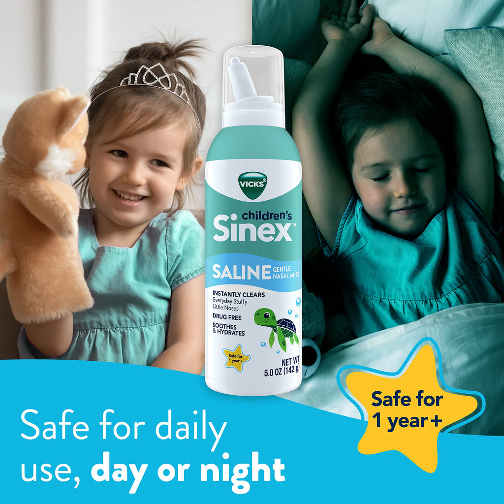 Vicks Sinex, Childrens Saline Nasal Spray, Drug Free Ultra Fine Mist with Hint of Aloe, Ages 1+, Fast Everyday Stuffy Nose Reli