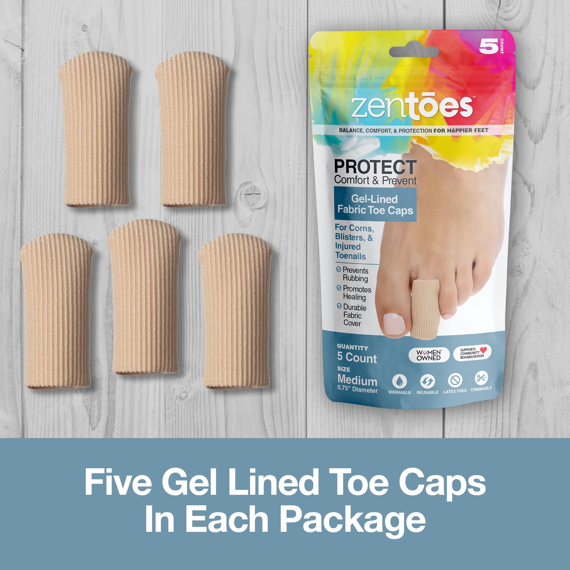 ZenToes 5 Pack Toe Caps Closed Toe Fabric Sleeve Protectors with Gel Lining, Prevent Corn, Callus, Blister Development Between T