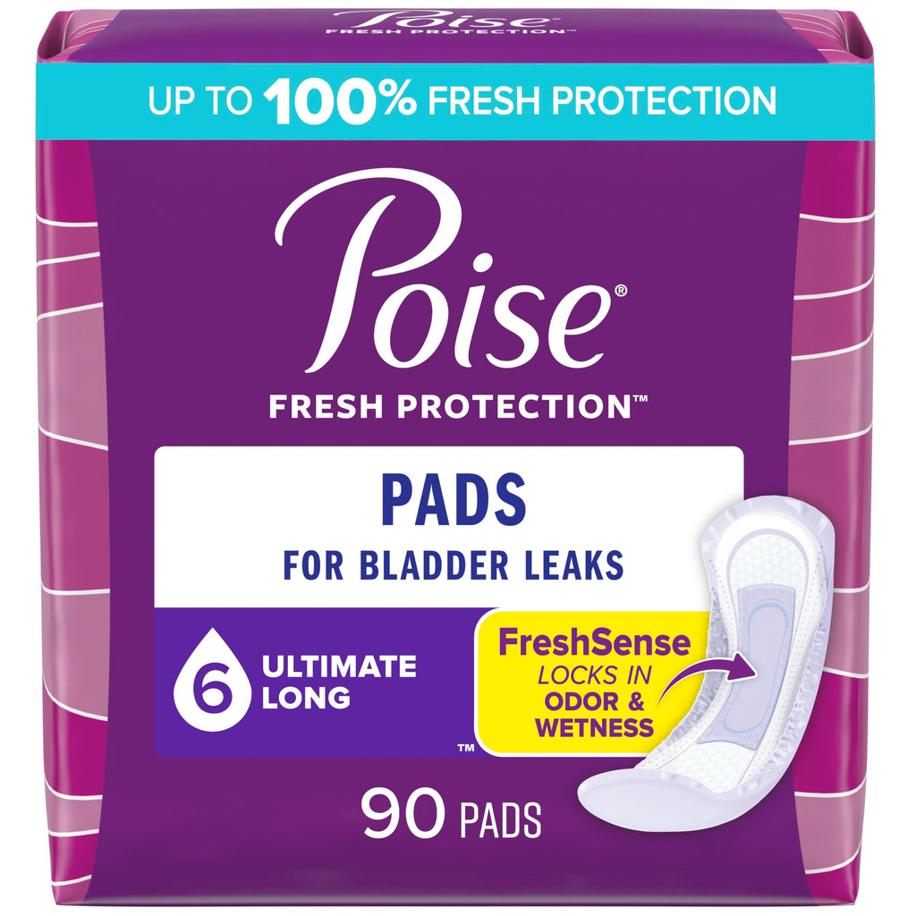 Poise Incontinence Pads & Postpartum Incontinence Pads, 6 Drop Ultimate Absorbency, Long Length, 90 Count (2 Packs of 45), Packa