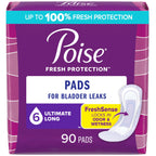 Poise Incontinence Pads & Postpartum Incontinence Pads, 6 Drop Ultimate Absorbency, Long Length, 90 Count (2 Packs of 45), Packa