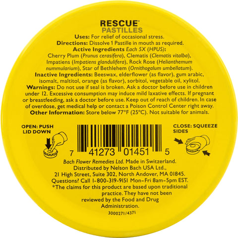 Bach RESCUE PASTILLES, Orange and Elderflower Flavor, Natural Stress Relief Lozenges, Homeopathic Flower Essence, Vegetarian, Gl