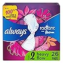 Always Radiant Feminine Pads For Women, Size 2 Heavy Flow Absorbency, With Flexfoam, With Wings, Scented, 26 Count