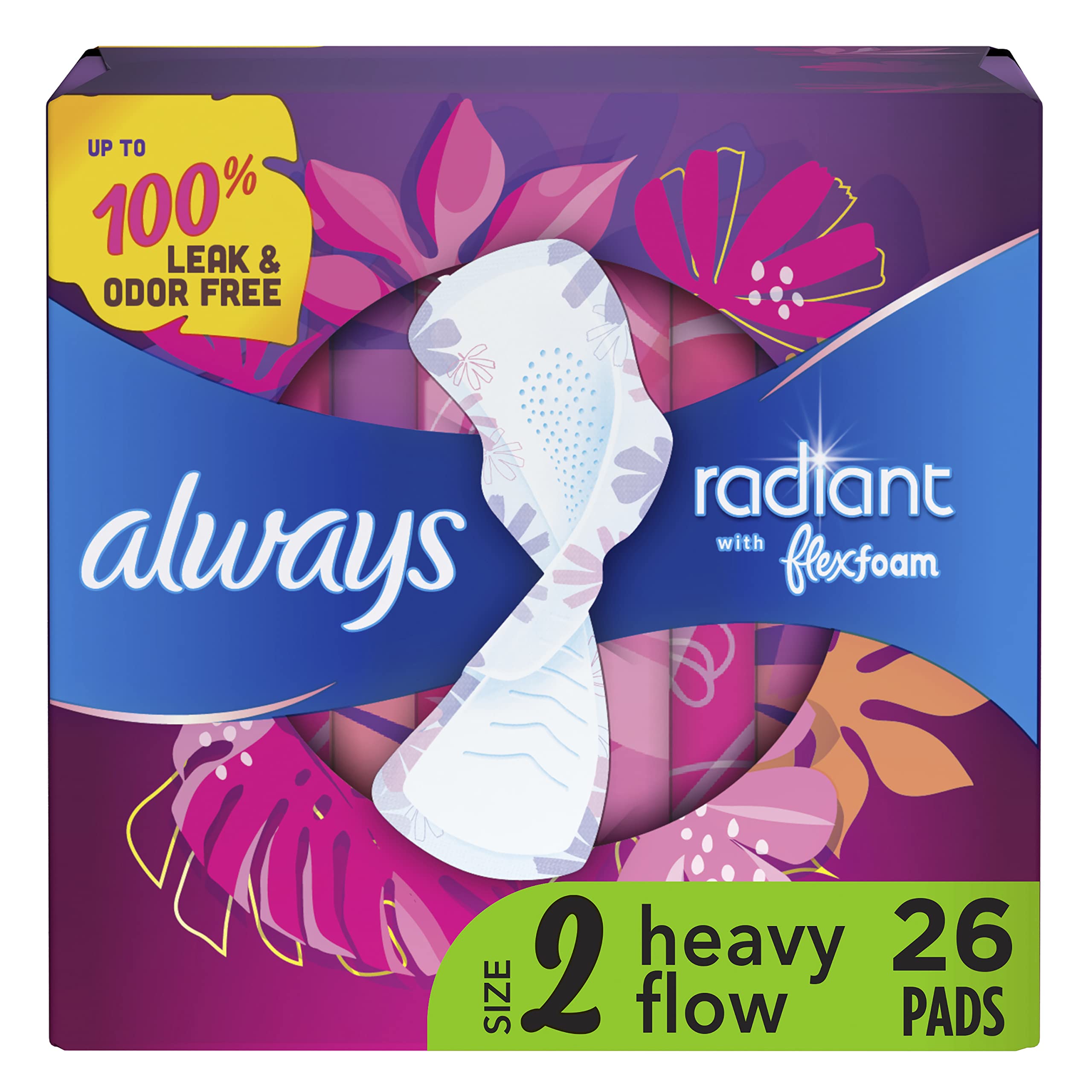 Always Radiant Feminine Pads For Women, Size 2 Heavy Flow Absorbency, With Flexfoam, With Wings, Scented, 26 Count