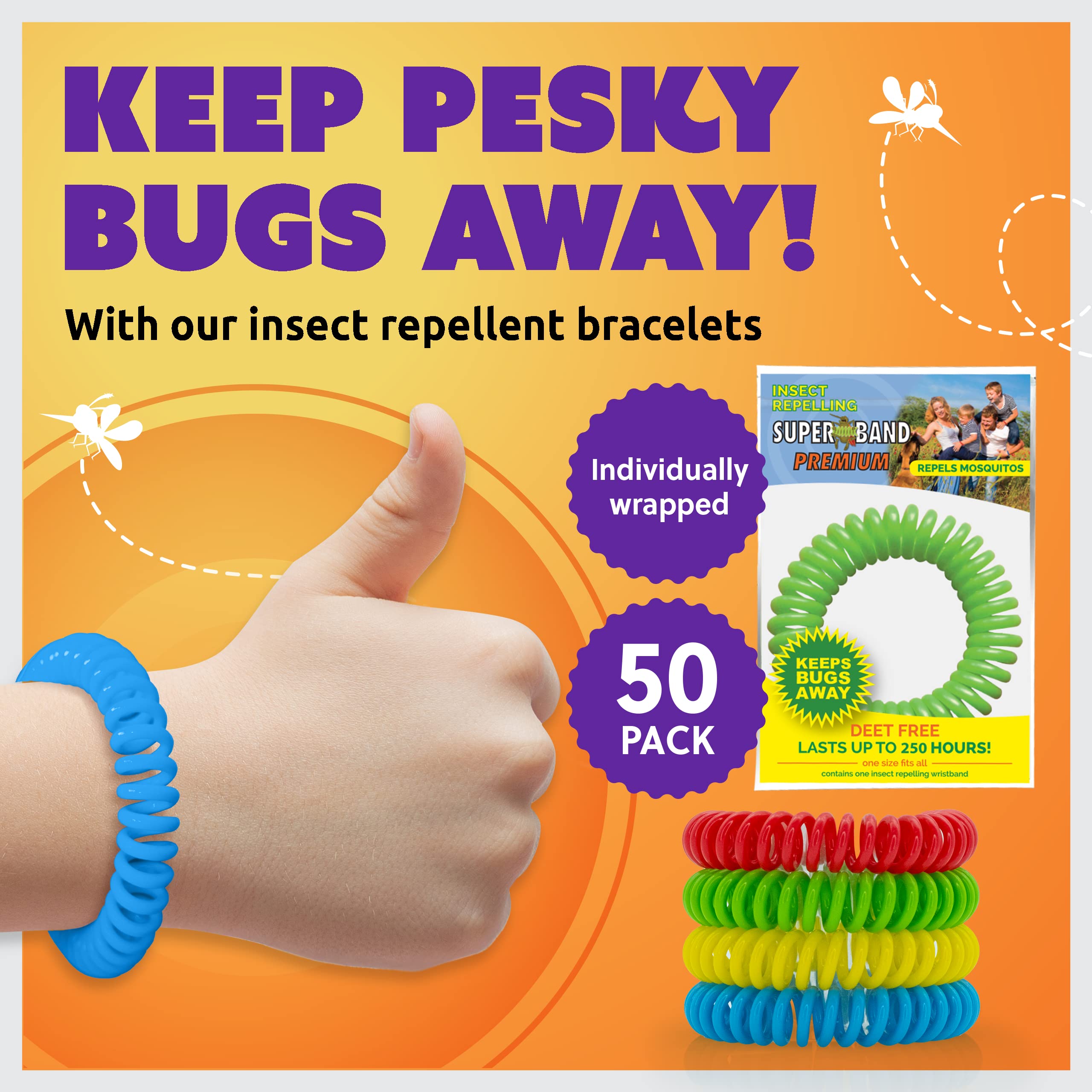 Superband Mosquito Repellent Bracelets for Adults & Kids - Pack of 50 - Long Lasting, Natural Bug and Insect Repellent Bracelet