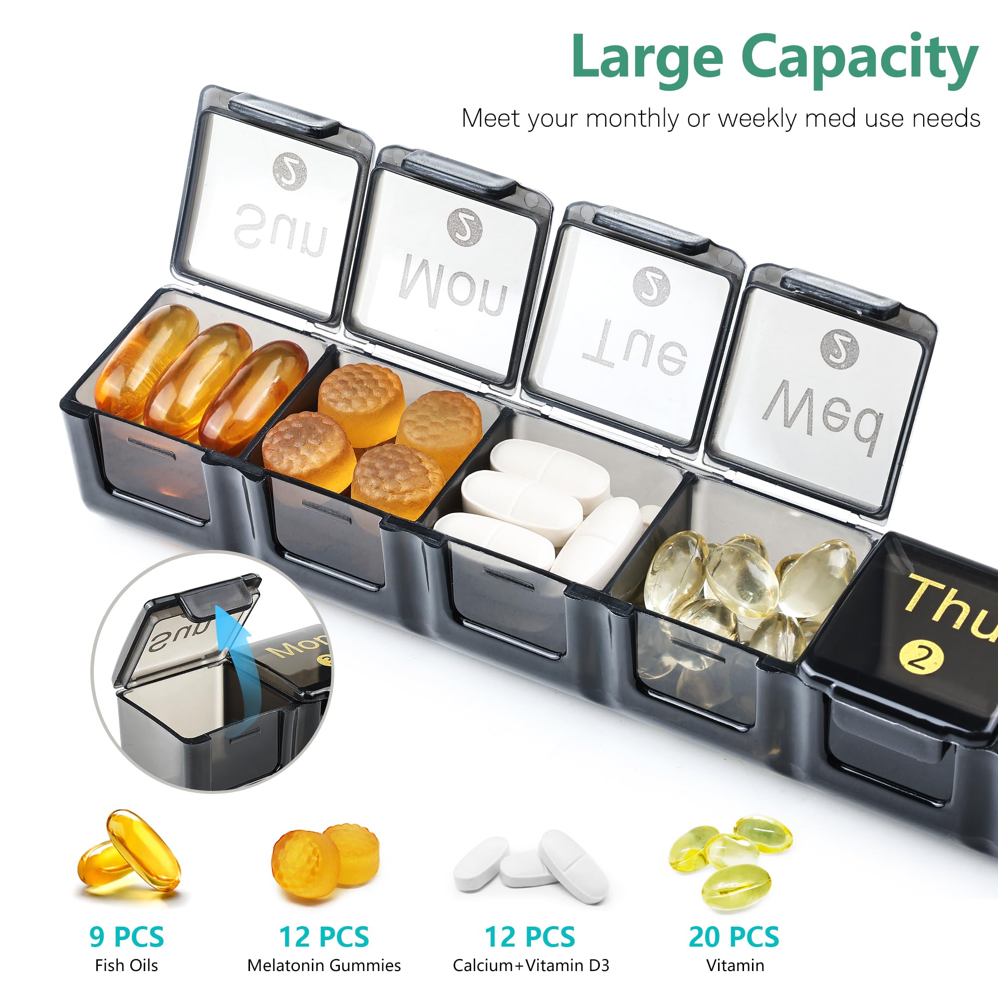 FHORAIN Monthly Pill Organizer 28 Days, 4 Weeks 1 Time a Day Pill Cases, Large Compartments Medicine Container for Vitamins, Fis
