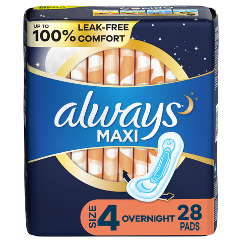 Always Maxi Feminine Pads for Women, Size 4 Overnight Absorbency, Without Wings, Unscented, 28 Count