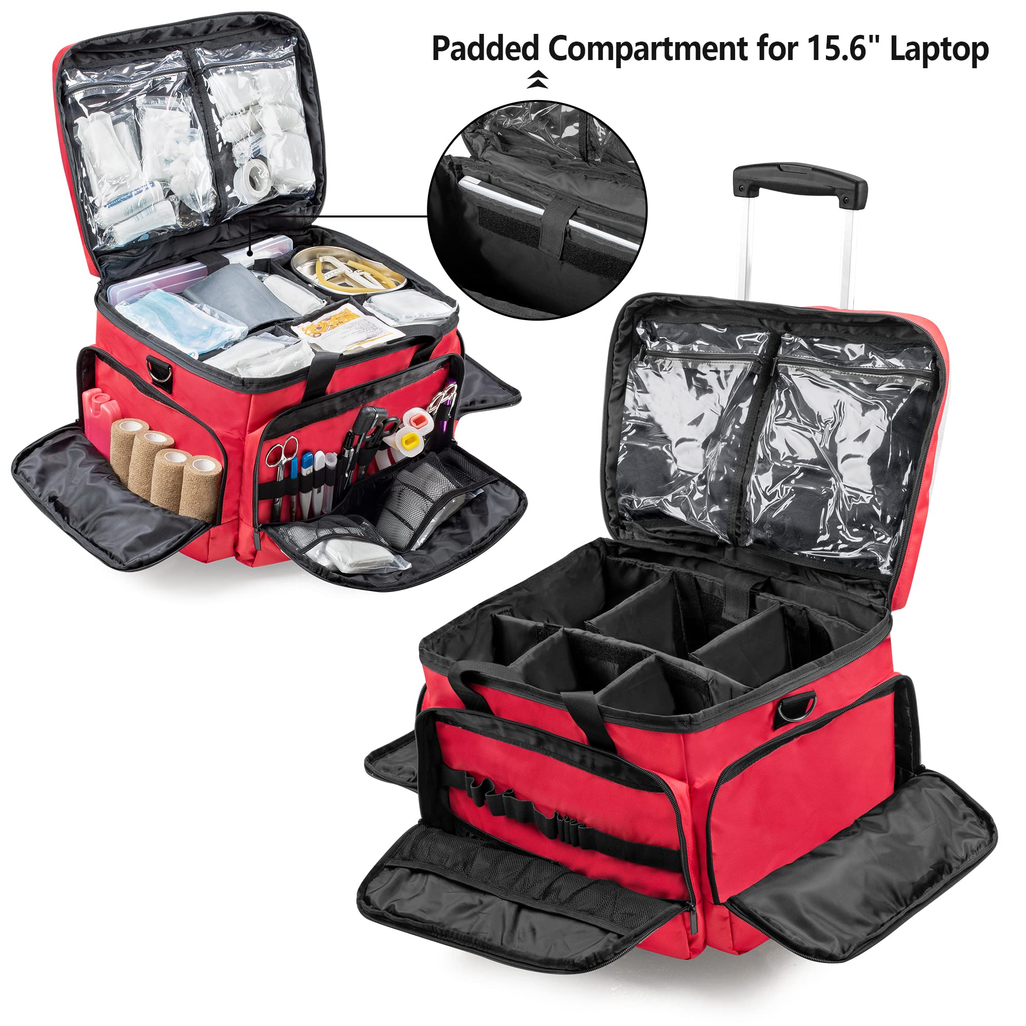 Trunab Rolling Medical Bag with Detachable Trolley, Nurse Rolling Bag with Removable Dividers 15.6    Laptop Sleeve, First Aid R