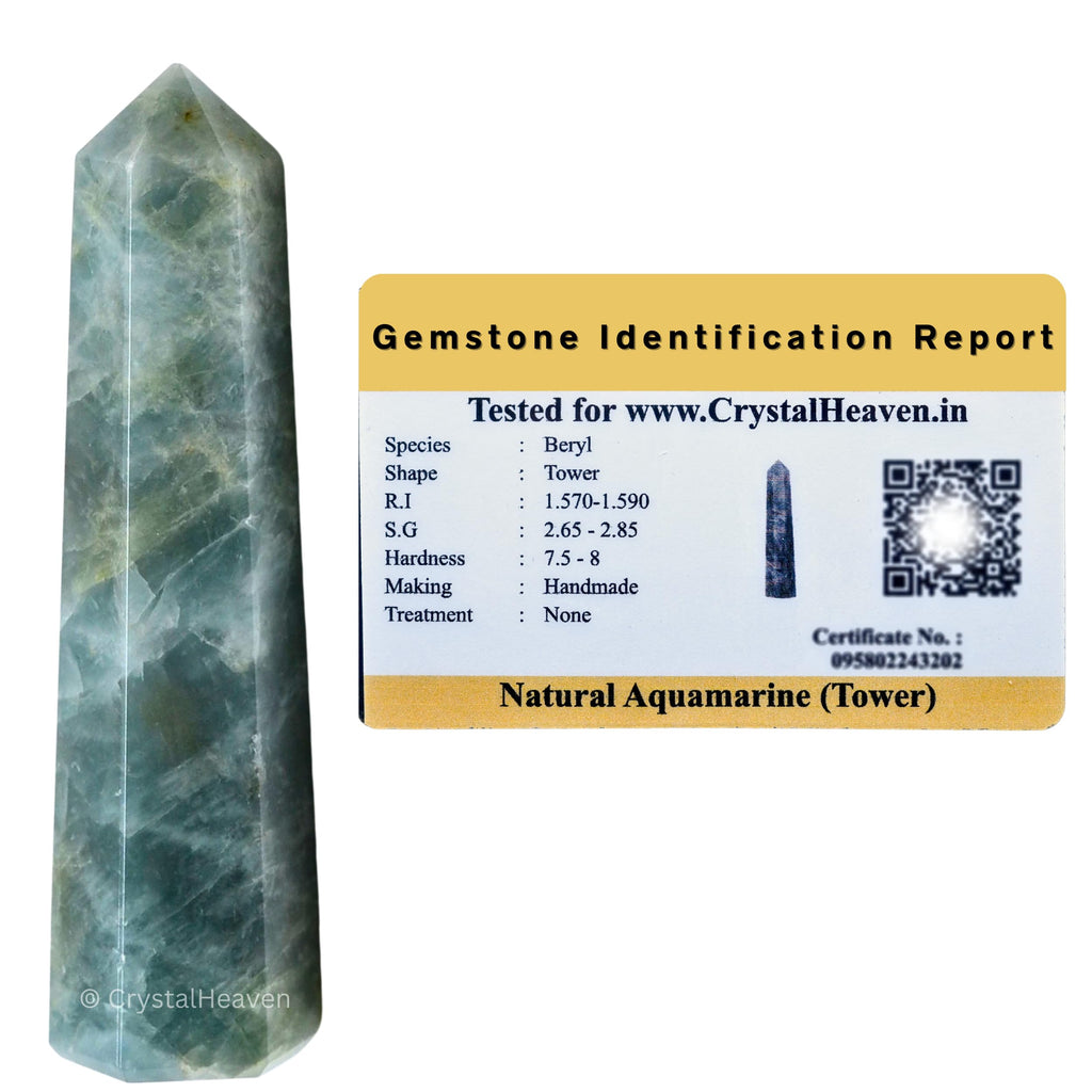 Crystal Heaven Certified Aquamarine Crystal Tower Obelisk Point For Chakra, Healing & Balancing-Aaa Grade Original Certified Gem