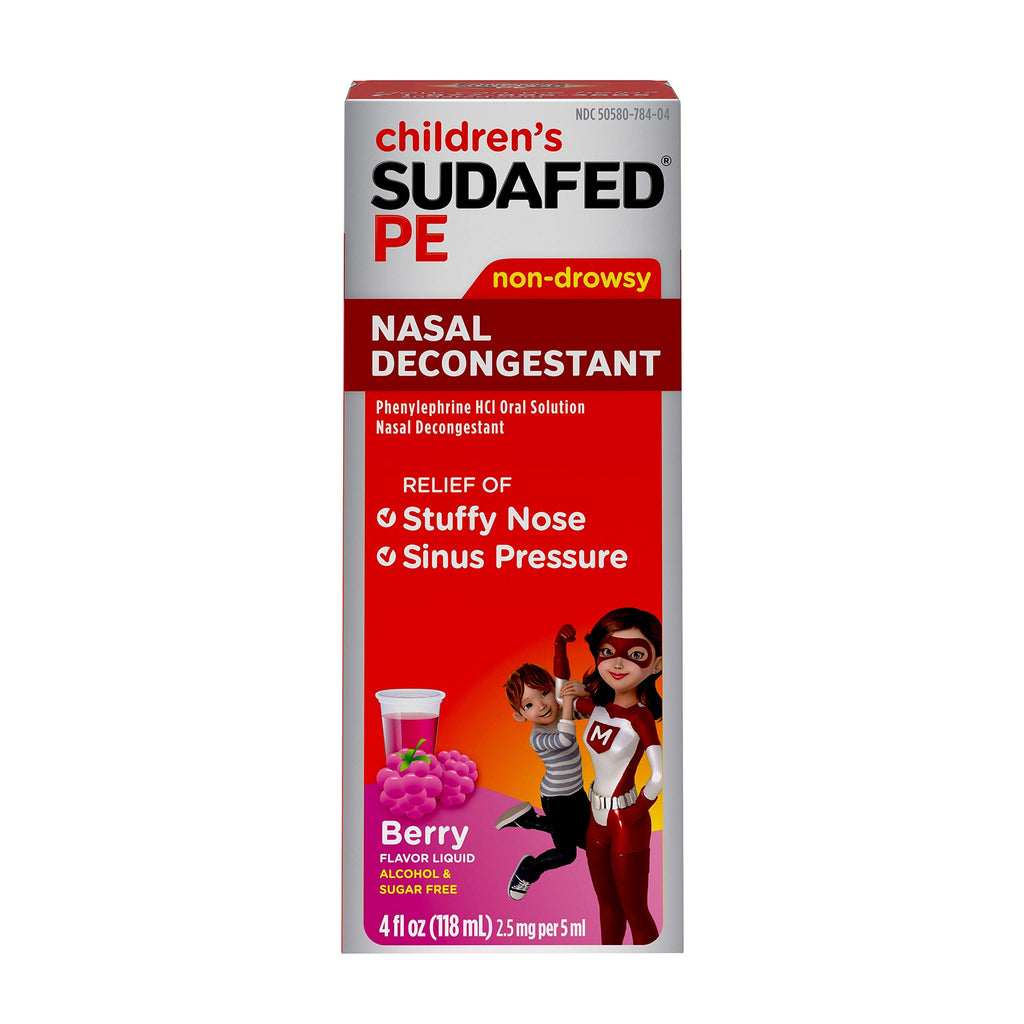 Sudafed Childrens PE Nasal Decongestant, Liquid Cold Relief Medicine with Phenylephrine HCl, Alcohol Free and Sugar-Free, Berry