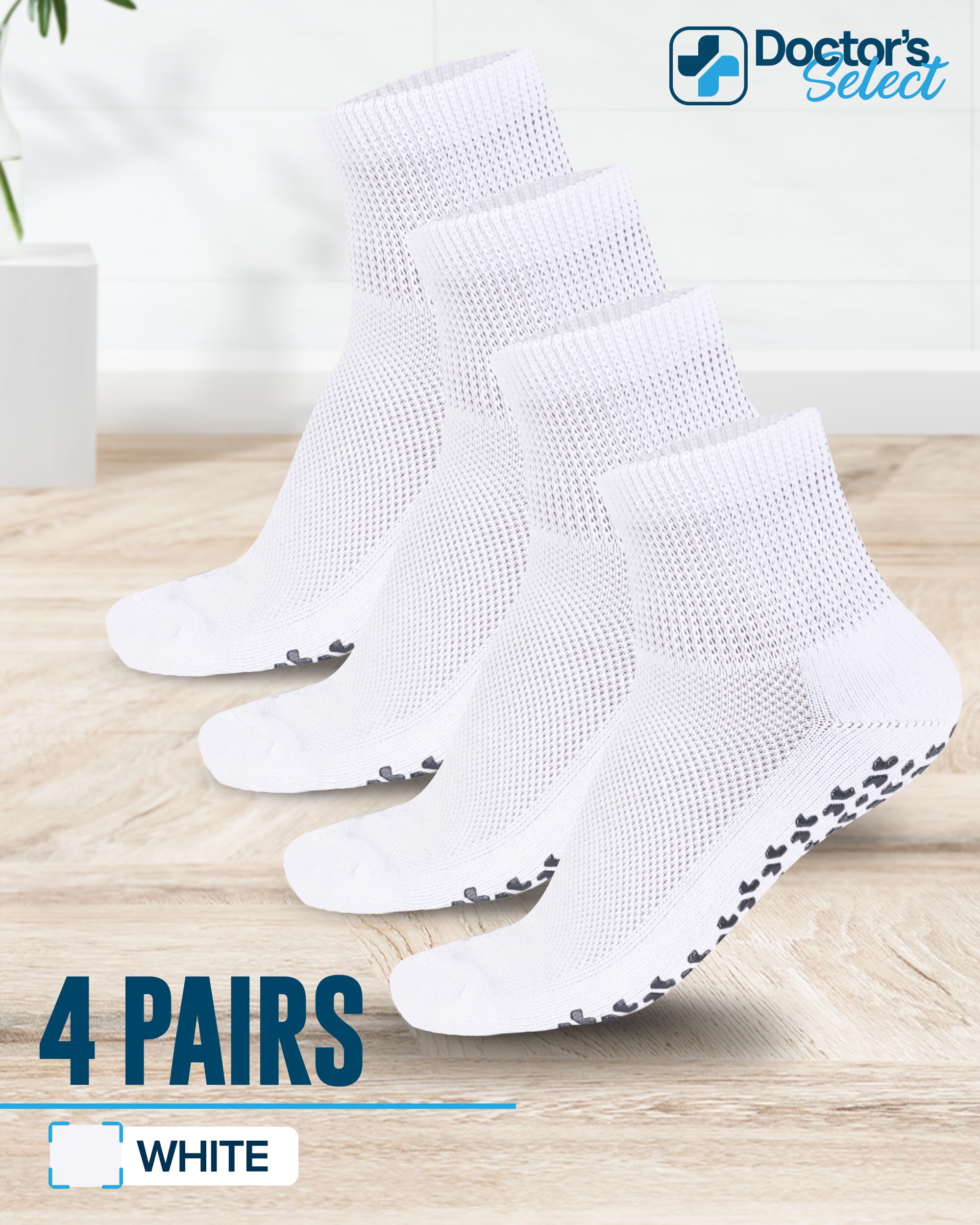Doctor's Select Diabetic Socks with Grips for Women and Men - 4 Pair | White | Neuropathy Socks for Men | Non Slip Socks Mens |