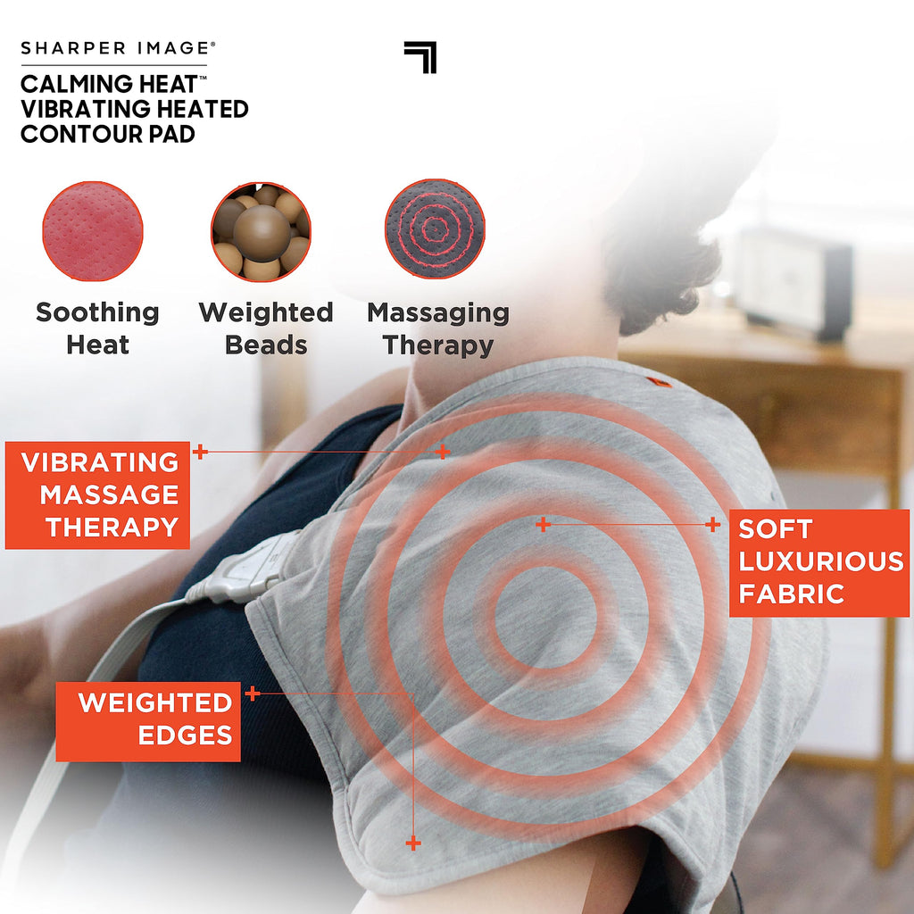 Calming Heat Vibrating Heating Contour Pad by Sharper Image- Weighted Electric Heating Pad with Massaging Vibrations, 12 Setting