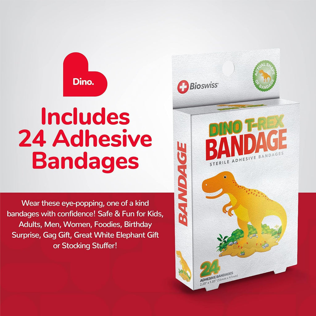 BioSwiss Bandages, Dinosaur Shaped Self Adhesive Bandage, Latex Free Sterile Wound Care, 24 Count