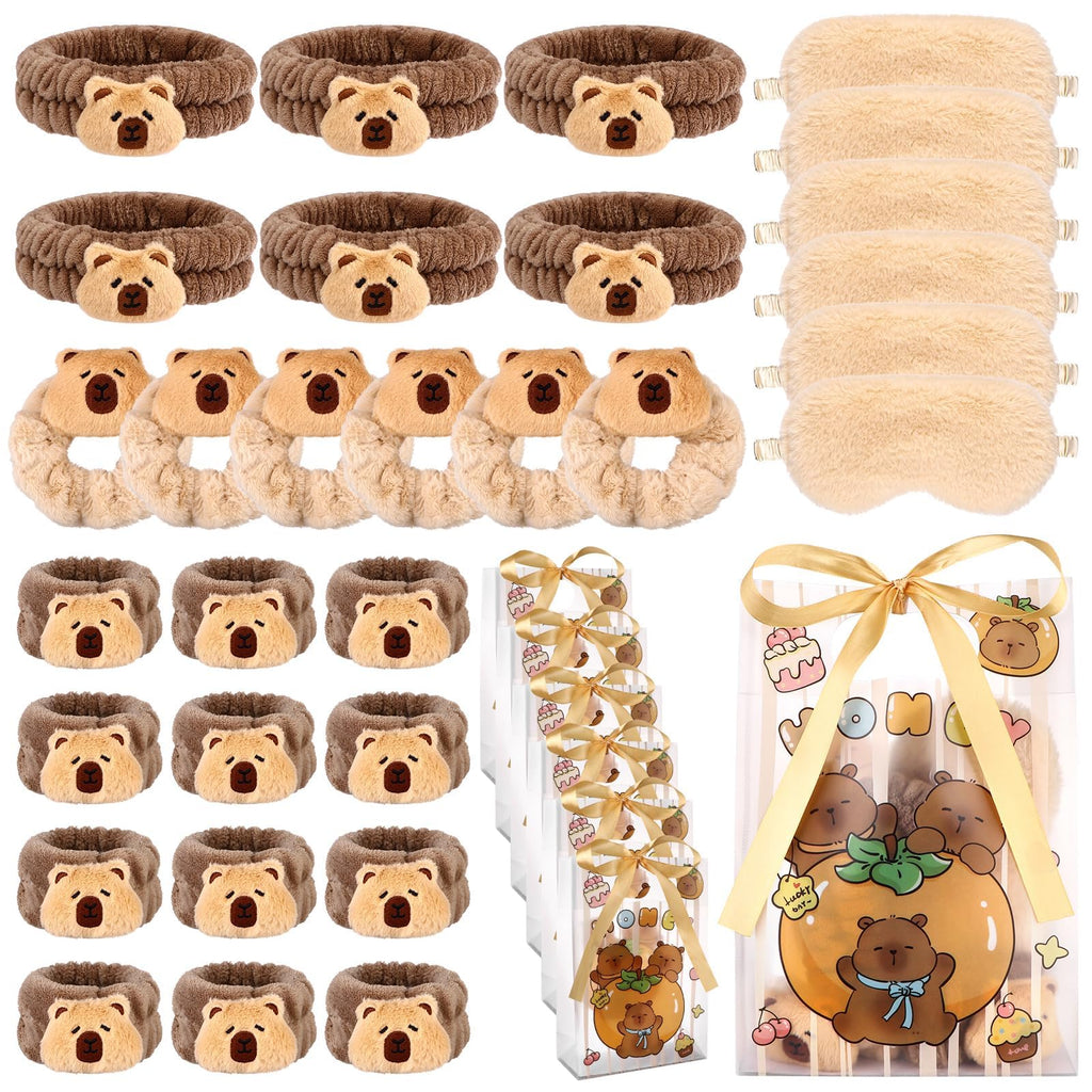 30 Pcs Capybara Spa Sleepover Party Supplies for Girls 6 Capybara Makeup Headband 6 Velvet Scrunchies 6 Soft Wristband 6 Brown P