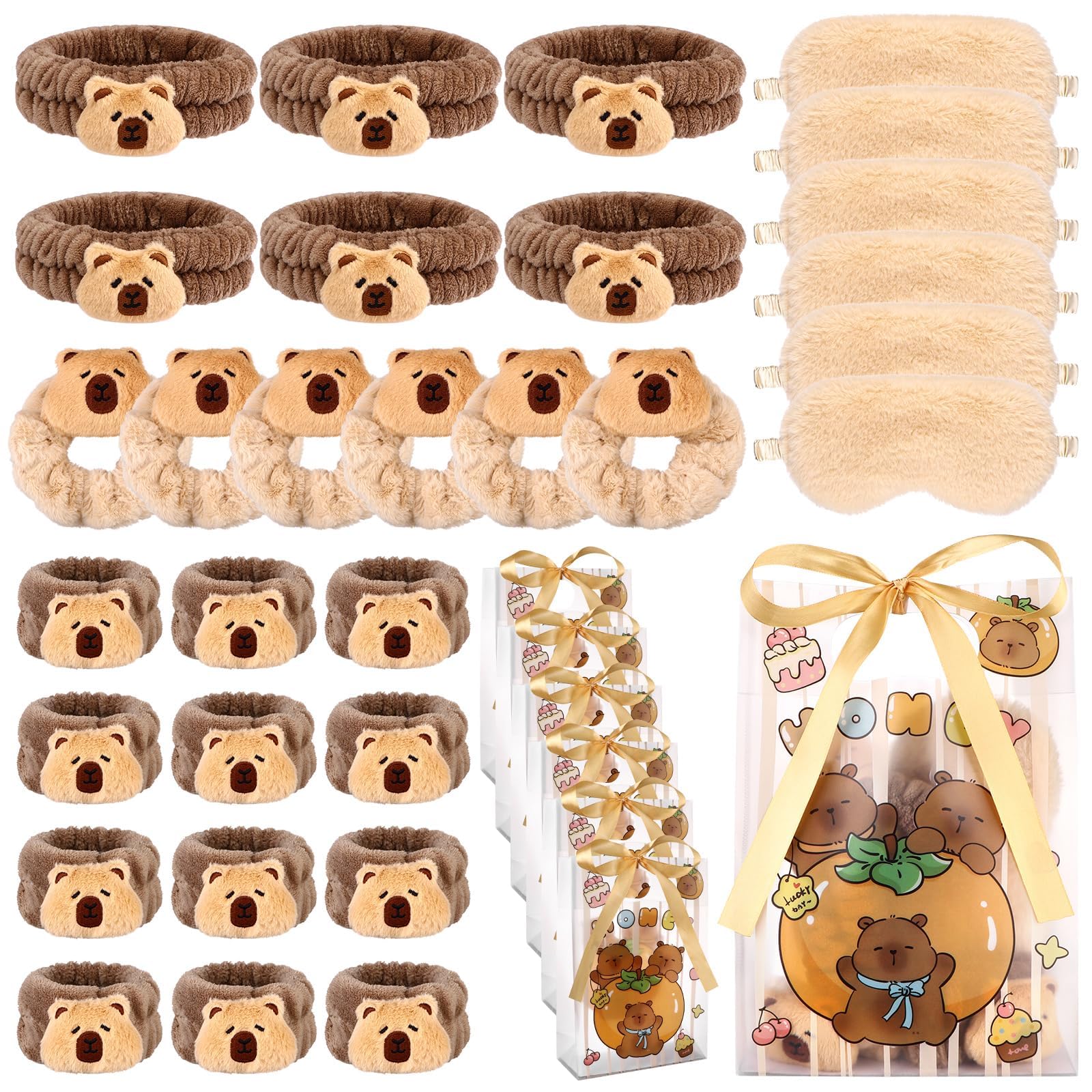 30 Pcs Capybara Spa Sleepover Party Supplies for Girls 6 Capybara Makeup Headband 6 Velvet Scrunchies 6 Soft Wristband 6 Brown P