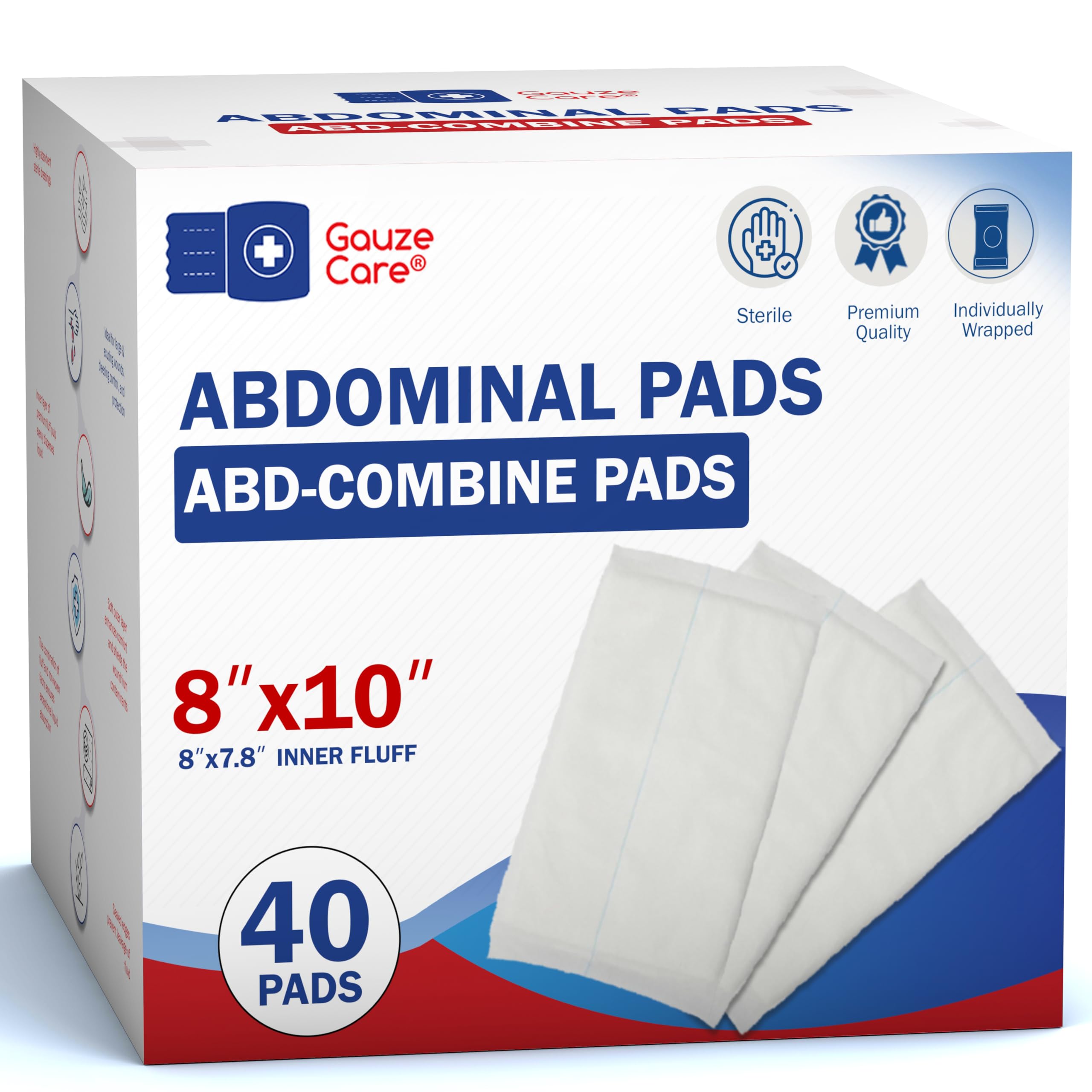 GauzeCare Sterile Abdominal- ABD Combine Pads| 40-Pack, 8x10 Inches| Extra Absorbent & Thick, Individually Wrapped Wound Dressin