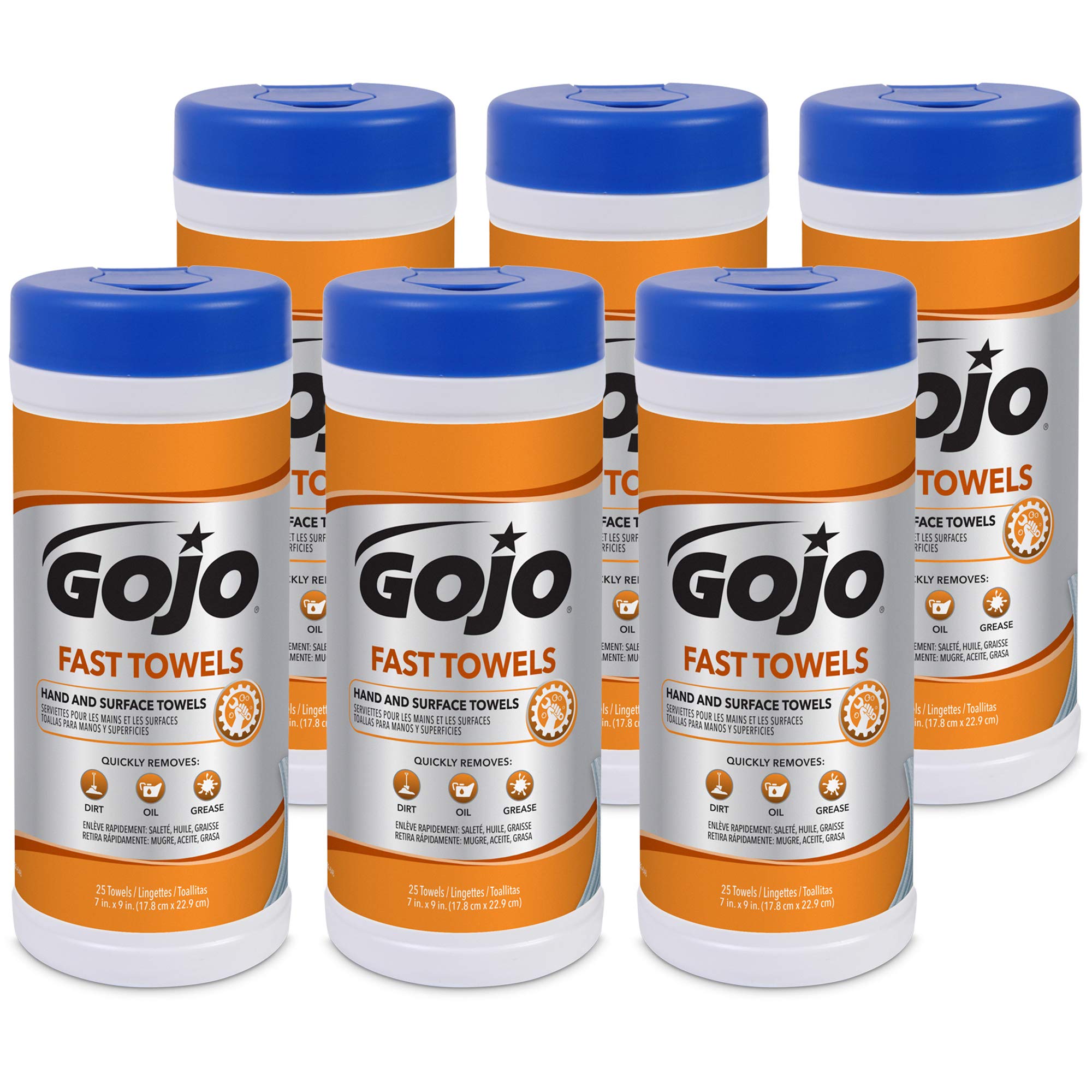 GOJO Fast Towels for Hands and Surface, Fresh Citrus Scent, 25 Count Large Fast Wipes Canister (Pack of 6) - 6282-06