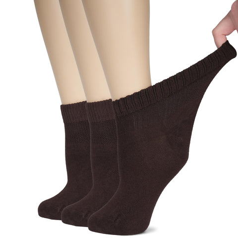 Hugh Ugoli Women's Bamboo Ankle Loose Fit Diabetic Socks, Soft, Seamless Toe, Wide Stretchy, Non-Binding Top, 3 Pairs, Dark Brow