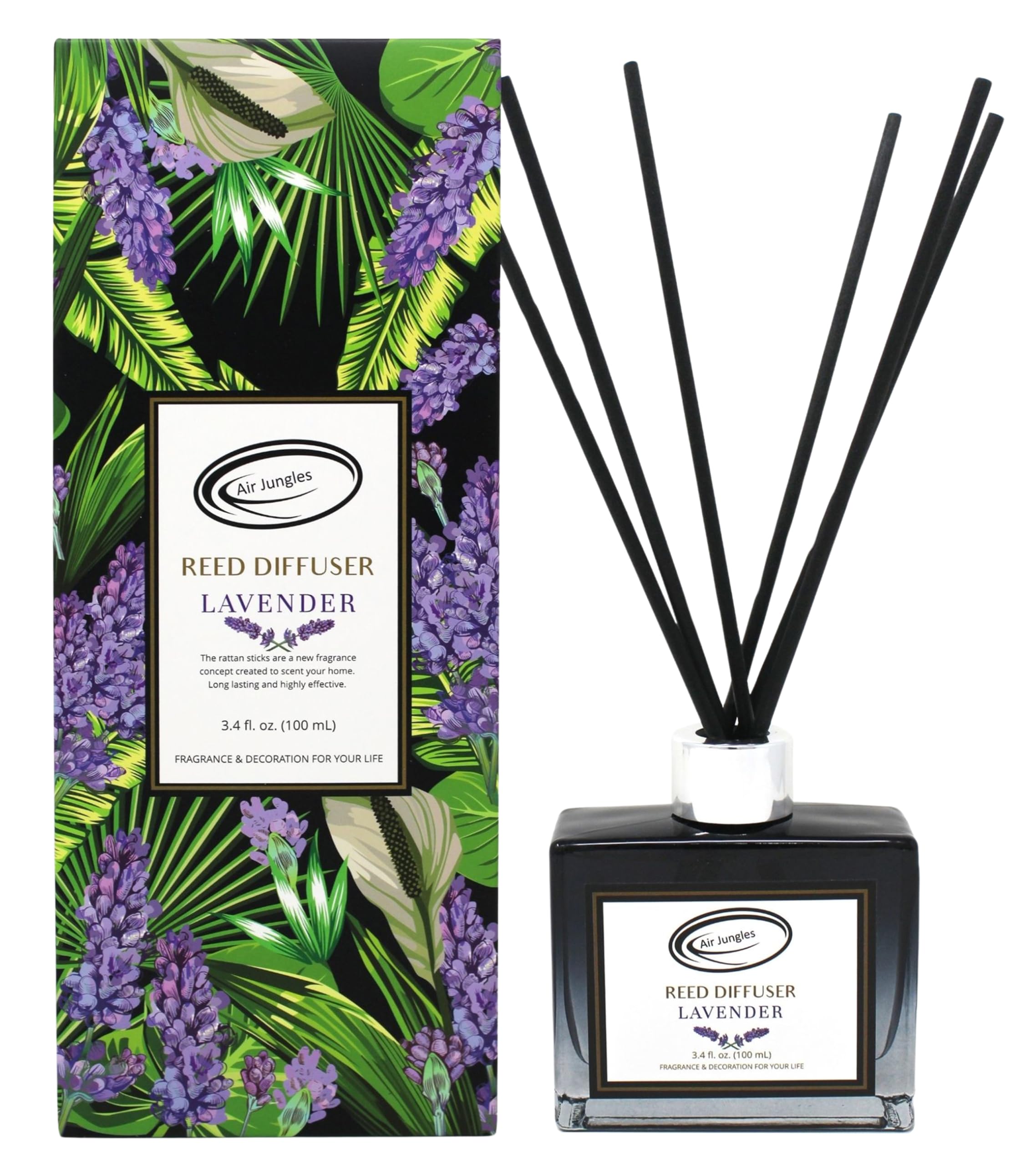 Air Jungles Lavender Scent Reed Diffuser Set with Sticks, Essential Incense Oil Air Freshener for Bathroom, Office, Gym, and Bed