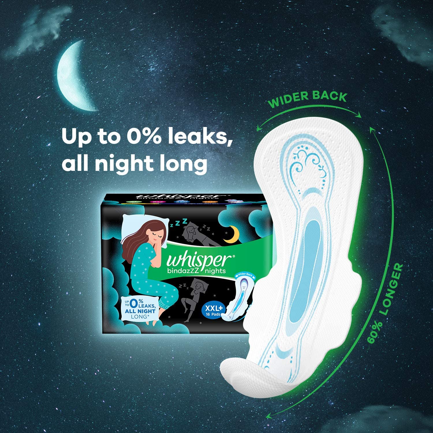 Whisper Bindazzz Night Sanitary Pads|Pack of 16 Thin Pads|XXL+|Upto 0% Leaks|60% Longer & Wider Back|Dry Top Sheet|Long Lasting