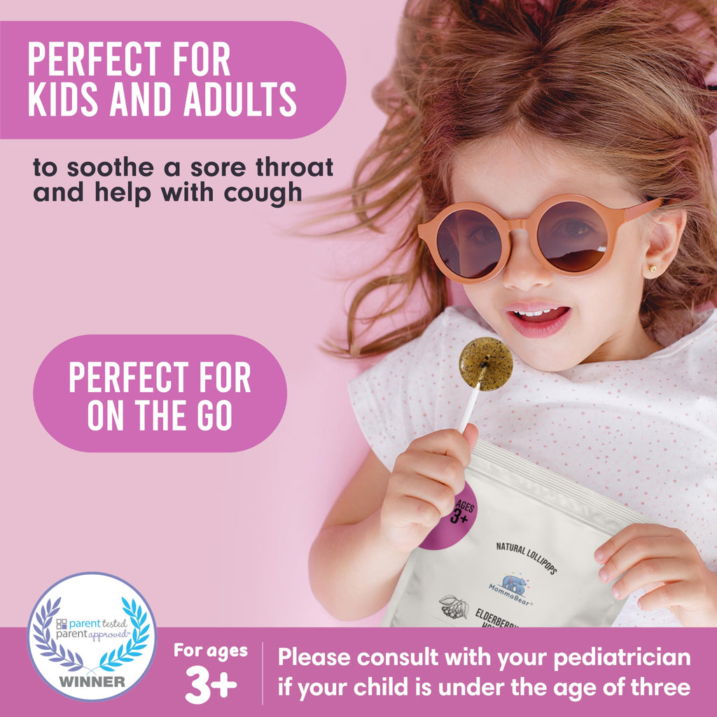 MommaBear Organics Handcrafted Kids Cough Lollipops - Natural Sore Throat Relief & Cough Drop Suckers for Kids 3+ - Elderberry B