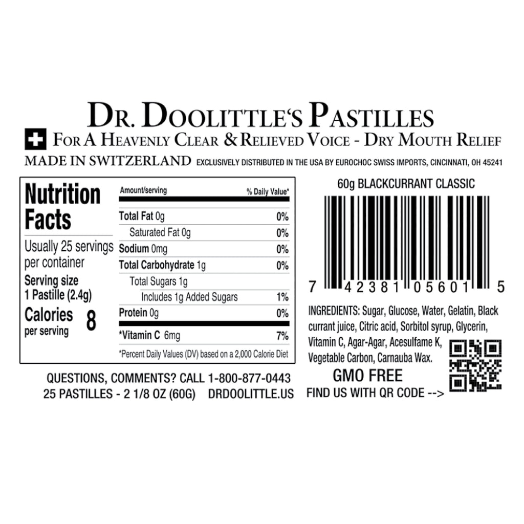 DOOLITTLE Dr Classic Soft Fruit Pastilles for Voice and Throat, Blackcurrant Flavor, 2.12 Ounce Tin, Approximately 25 Count Pack