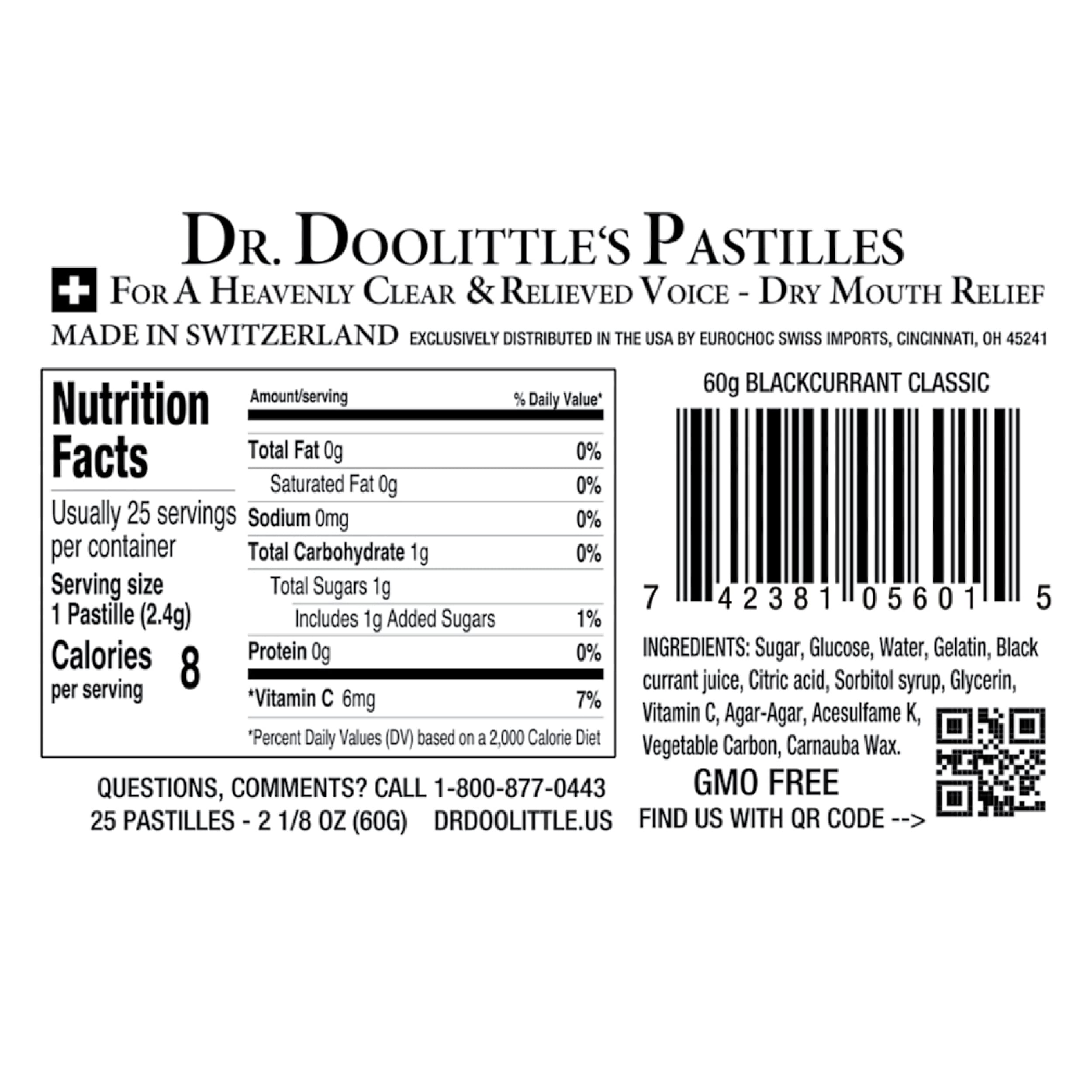 Dr. Doolittles Classic Soft Fruit Pastilles for Voice and Throat, Blackcurrant Flavor, 2.12 Ounce Tin, approximately 25 Count Pa