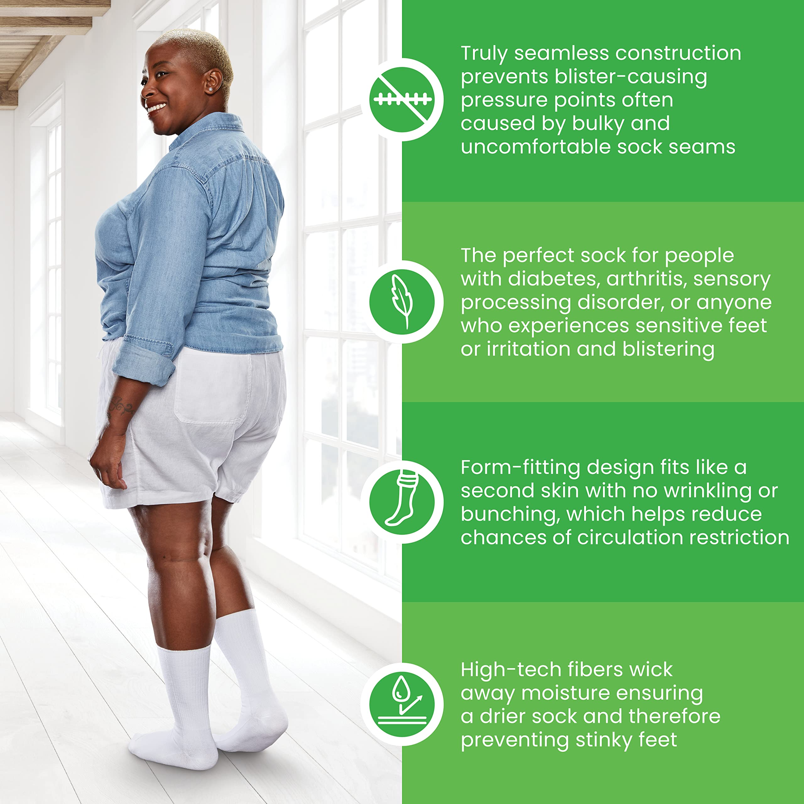 SMARTKNIT Seamless Crew Socks for Diabetes, Arthritis, or Sensitive Feet, 1 Pair (2 Count), White, Medium