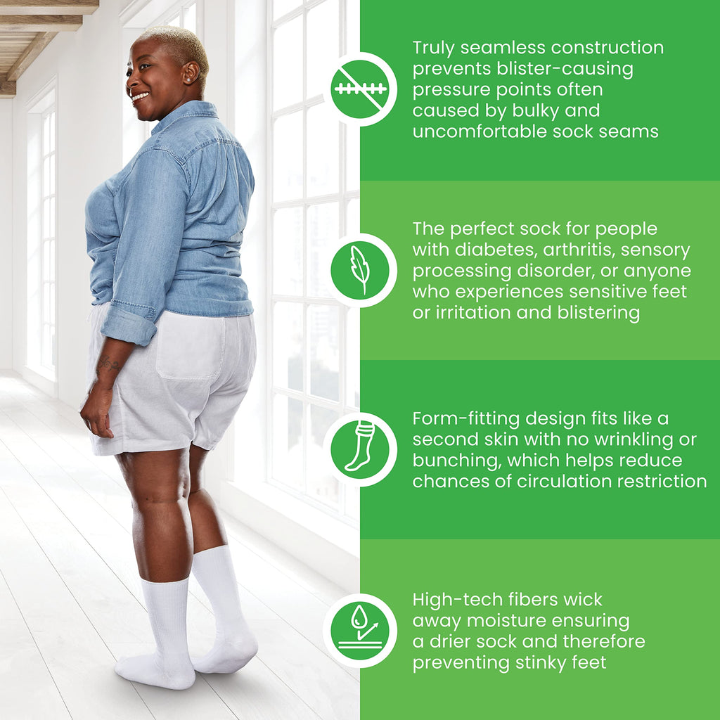 SMARTKNIT Seamless Crew Socks for Diabetes, Arthritis, or Sensitive Feet, 1 Pair (2 Count), White, Medium