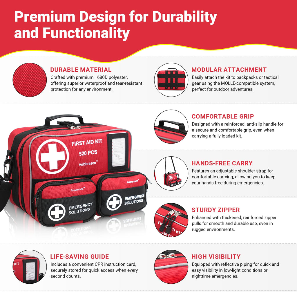 Aoldersson 520 Piece Large First Aid Kit - Emergency Survival Kit for Car, Home, Camping, and Travel - Compact Medical Kit for R