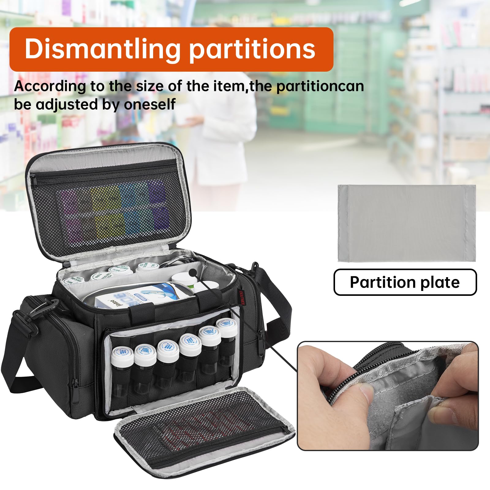 OUUTMEE Medicine Storage Bag, Pill Bottle Organizer with Portable Small Pouch, Medication Bottle Organizer Empty with Shoulder S