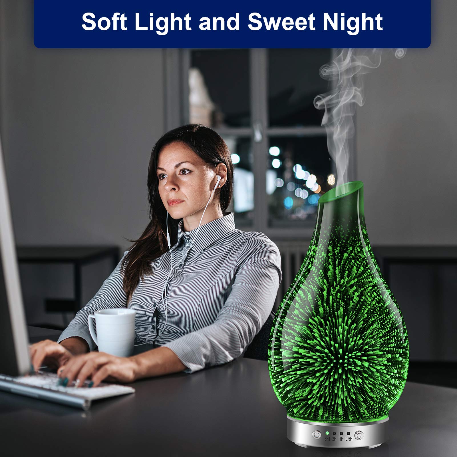 MAXWINER Essential Oil Diffusers Ultrasonic 3D Glass Aromatherapy Diffuser, Auto Shut-Off, Timer Setting, 7 Colors LED Lights Ch
