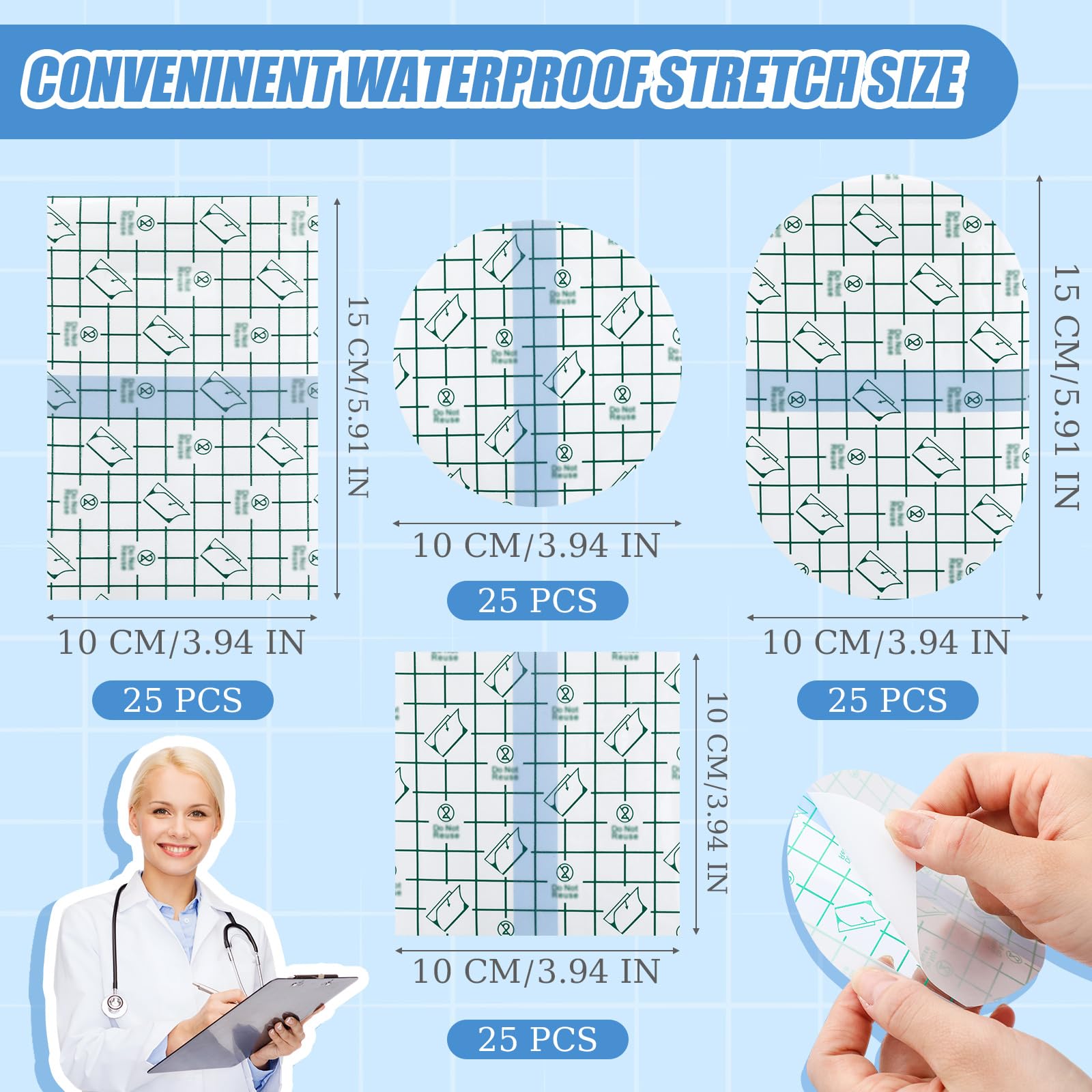 Nuanchu 100 Pieces Transparent Adhesive Bandage Waterproof Adhesive Skin Dressing Tape Transparent Film Dressing Bandages Clear