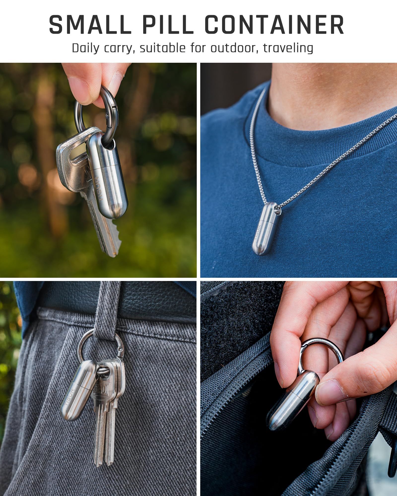 TISUR Micro Keychain Pill Holder, Titanium Pill Case Waterproof Pill Fob for Emergency Aspirin & Nitroglycerin for Travel Purse