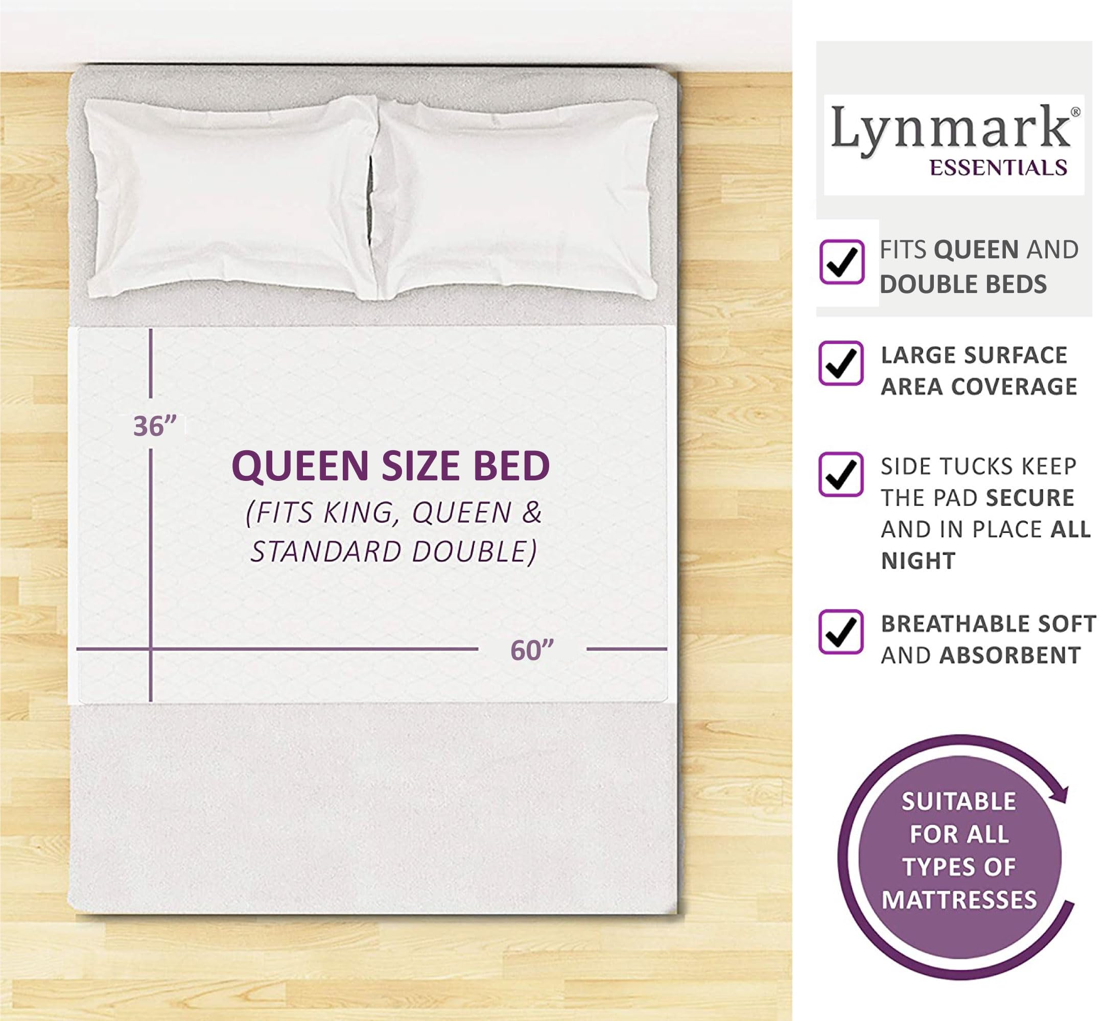 Lynmark Washable Bed Pads 36x60 Underpad with Extra Long Tucks and Heavy Absorbency, Reusable Cotton Enhanced Waterproof Mattres