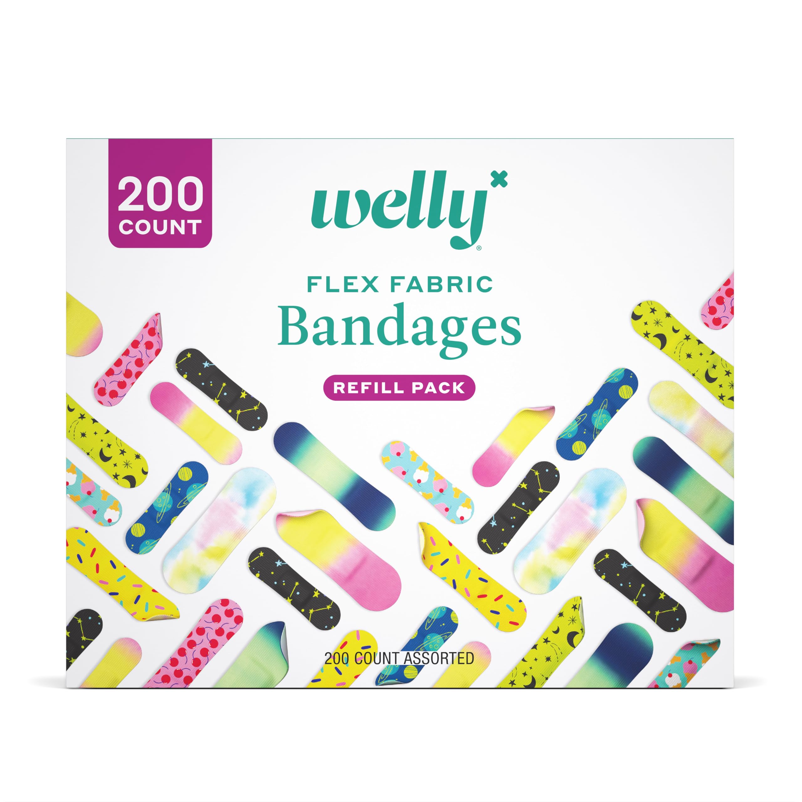 Welly Bandage Refill Ready Pack | Adhesive Flexible Fabric Bandages | Bulk Assorted Shapes and Patterns for Minor Cuts, Scrapes,