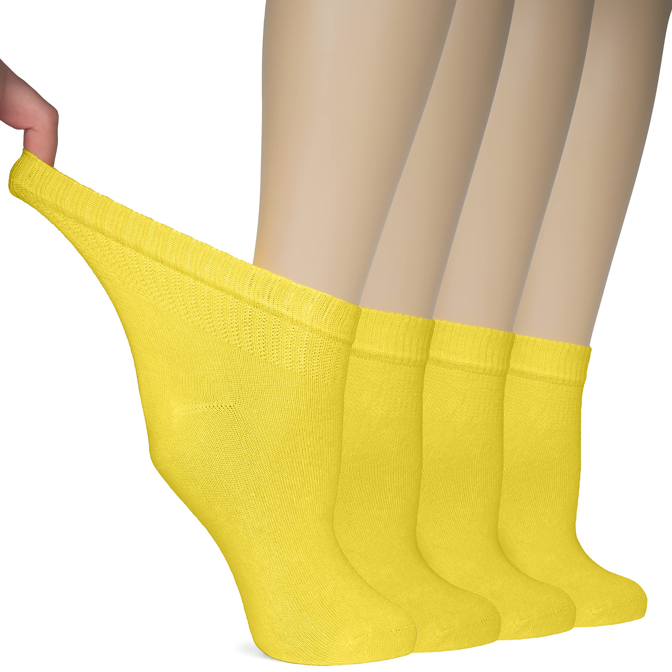 Hugh Ugoli Women Diabetic Ankle Socks, Super Soft & Thin Bamboo Socks, Wide & Loose, Non-Binding Top & Seamless Toe, 4 Pairs, Ye