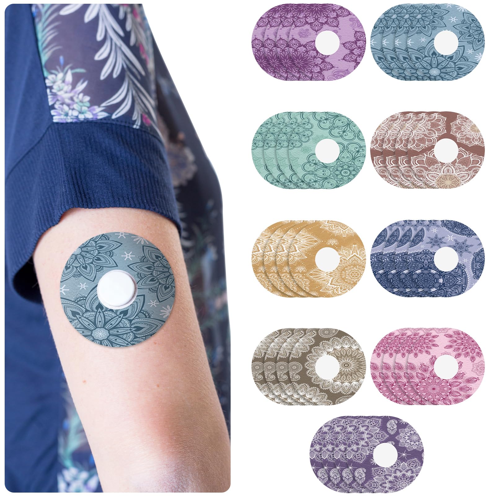 TrelaCo 36 Pcs Adhesive Patches Compatible with Libre 2 Waterproof Overpatches Breathable Colorful Mandala Floral Pre Cut Cover 