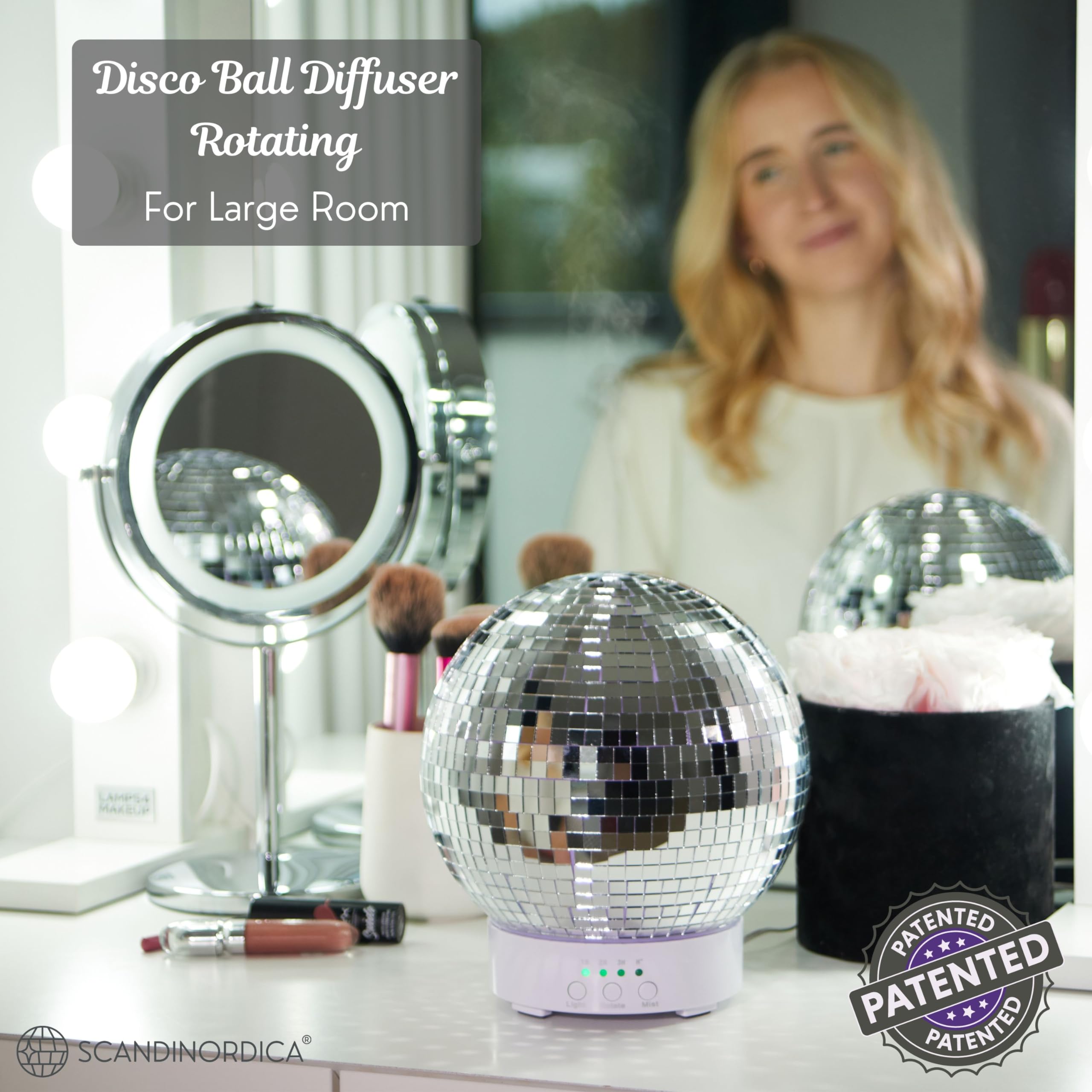 SCANDINORDICA Disco Ball Diffuser Rotating - 300ML Essential Oil Diffuser with Whisper Quiet Operation, 7 Color Night Light & 4