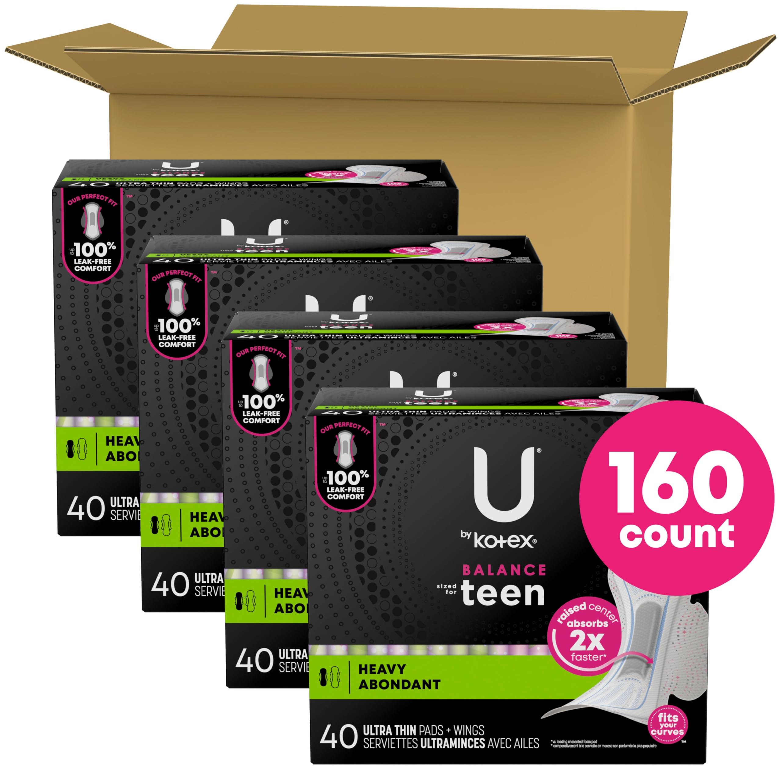 U by Kotex Balance Sized for Teens Ultra Thin Pads with Wings, Heavy Absorbency, 160 Count (4 Packs of 40) (Packaging May Vary)