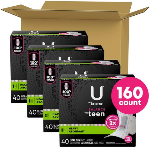 U by Kotex Balance Sized for Teens Ultra Thin Pads with Wings, Heavy Absorbency, 160 Count (4 Packs of 40) (Packaging May Vary)