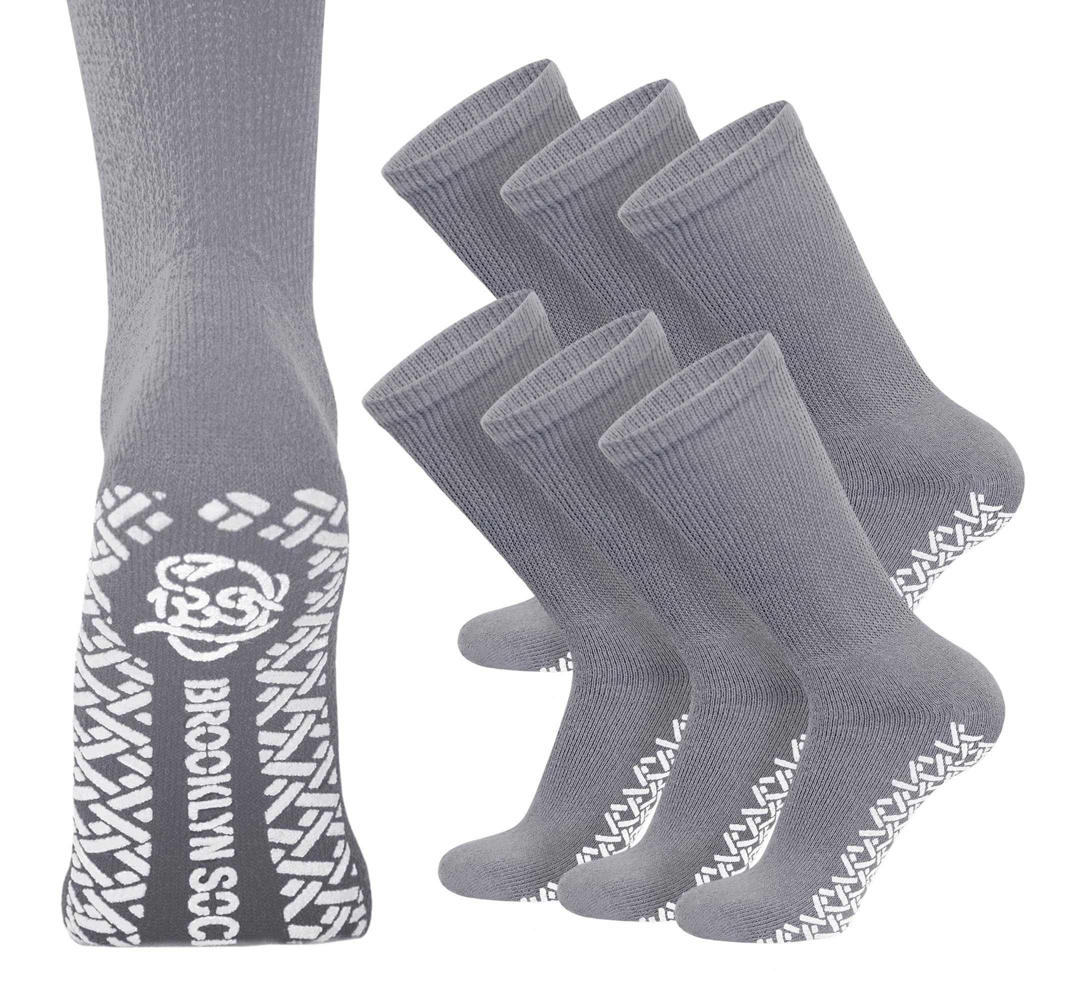 6 Pairs of Non-Skid Diabetic Crew Socks, Non Binding Top Therapeutic Cotton Gripper Socks (Grey, Size: 13-16)