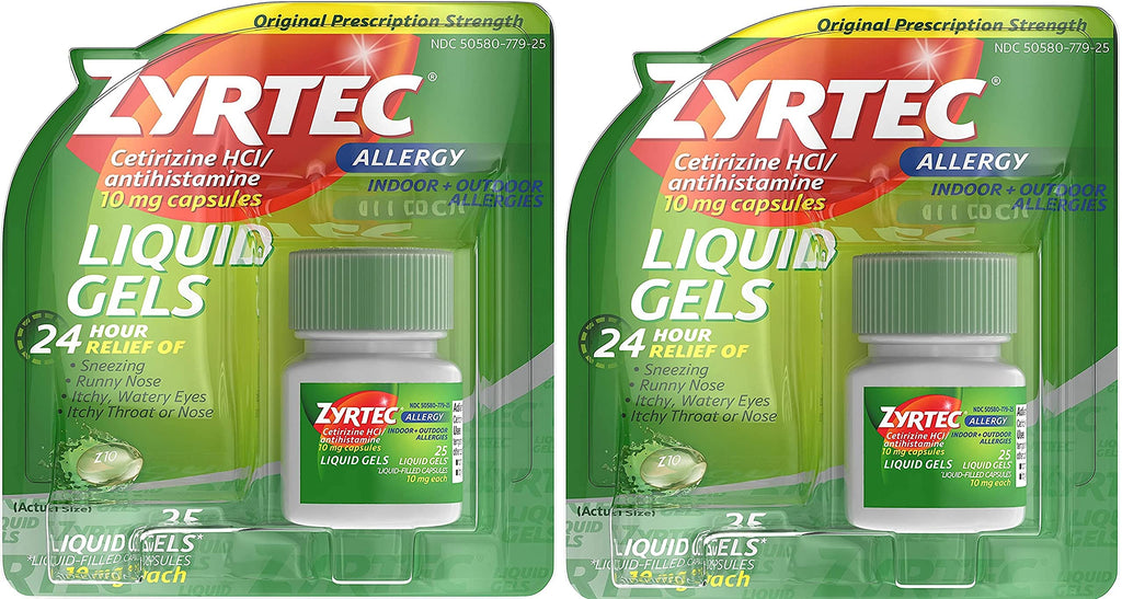 Zyrtec 24 HR Indoor & Outdoor Allergy Liquid Gels Capsules, Cetirizine HCI Antihistamine, 25 ct (Pack of 2)